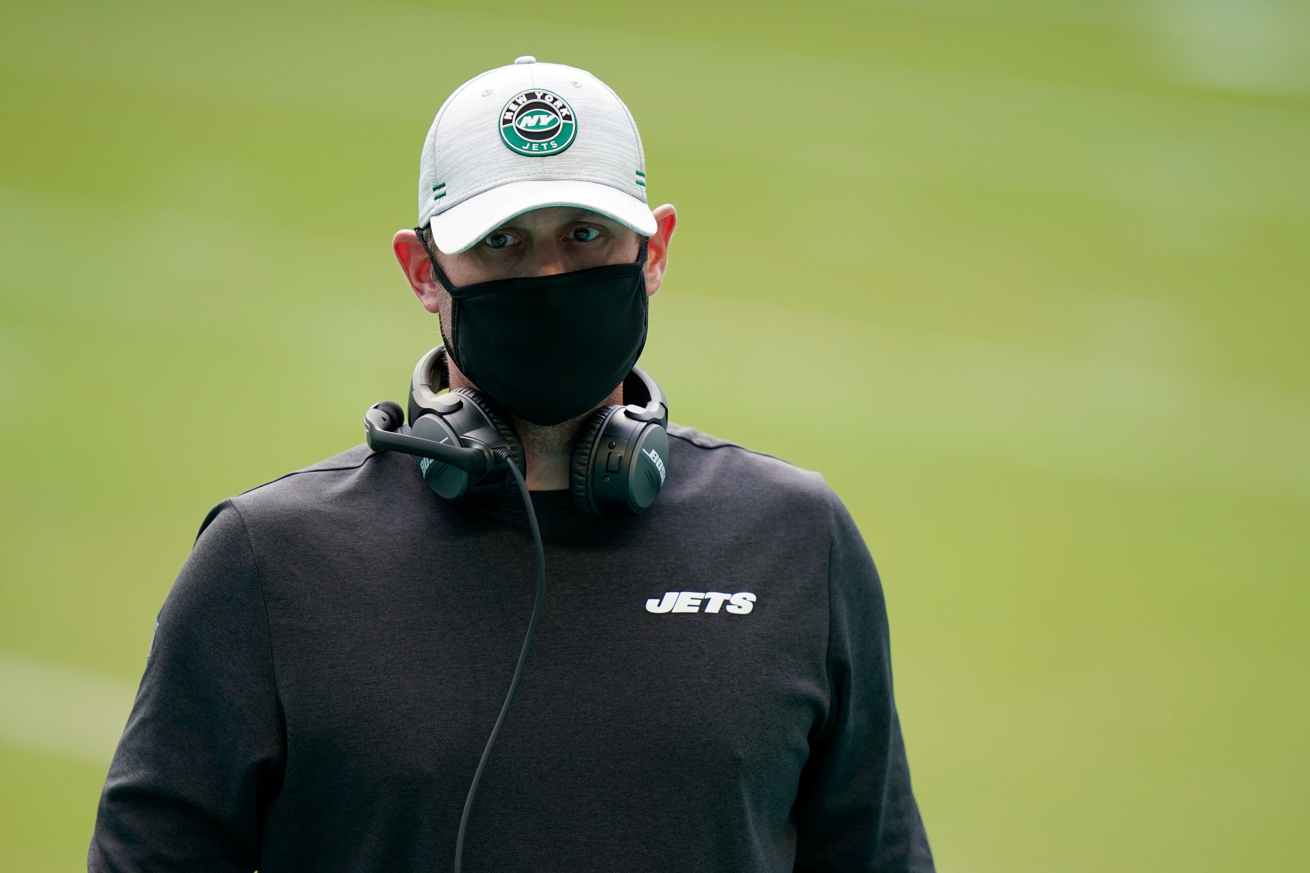 New York Jets head coach Adam Gase walks on the field before an NFL football game against the Miami Dolphins, Sunday, Oct. 18, 2020, in Miami Gardens, Fla. (AP Photo/Lynne Sladky)
