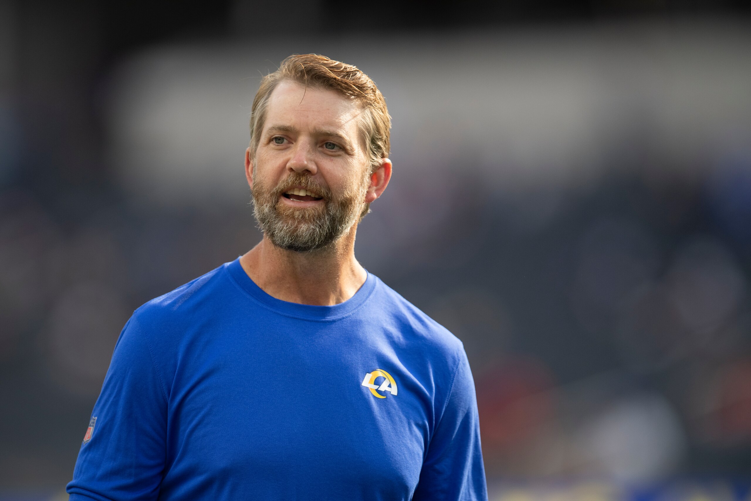 Los Angeles Rams tight ends coach Wes Phillips before an NFL football game against the Chicago Bears Sunday, Sept. 12, 2021, in Inglewood, Calif. (AP Photo/Kyusung Gong)