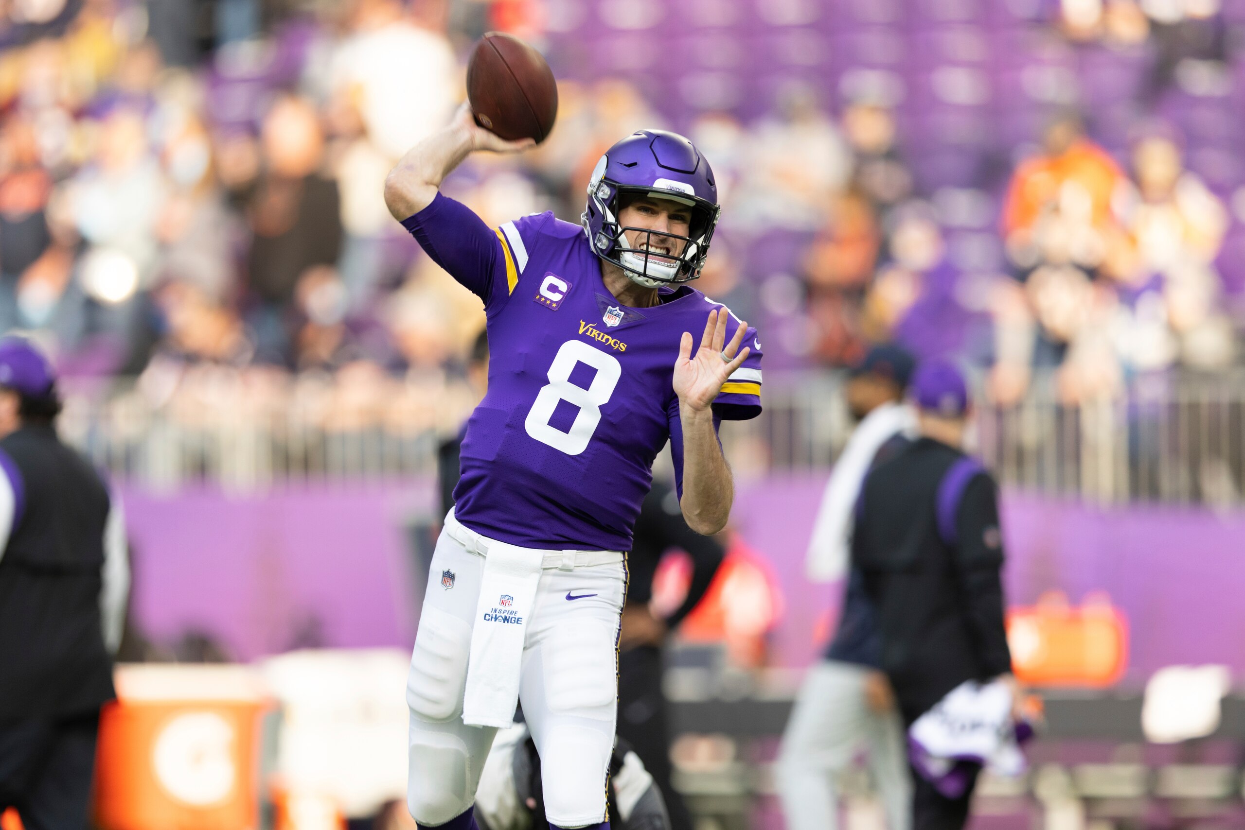Minnesota Vikings quarterback Kirk Cousins (8) on the field during pregame warmups prior to an NFL football game against the Chicago Bears, Sunday, Jan. 9, 2022 in Minneapolis. (AP Photo/Stacy Bengs)