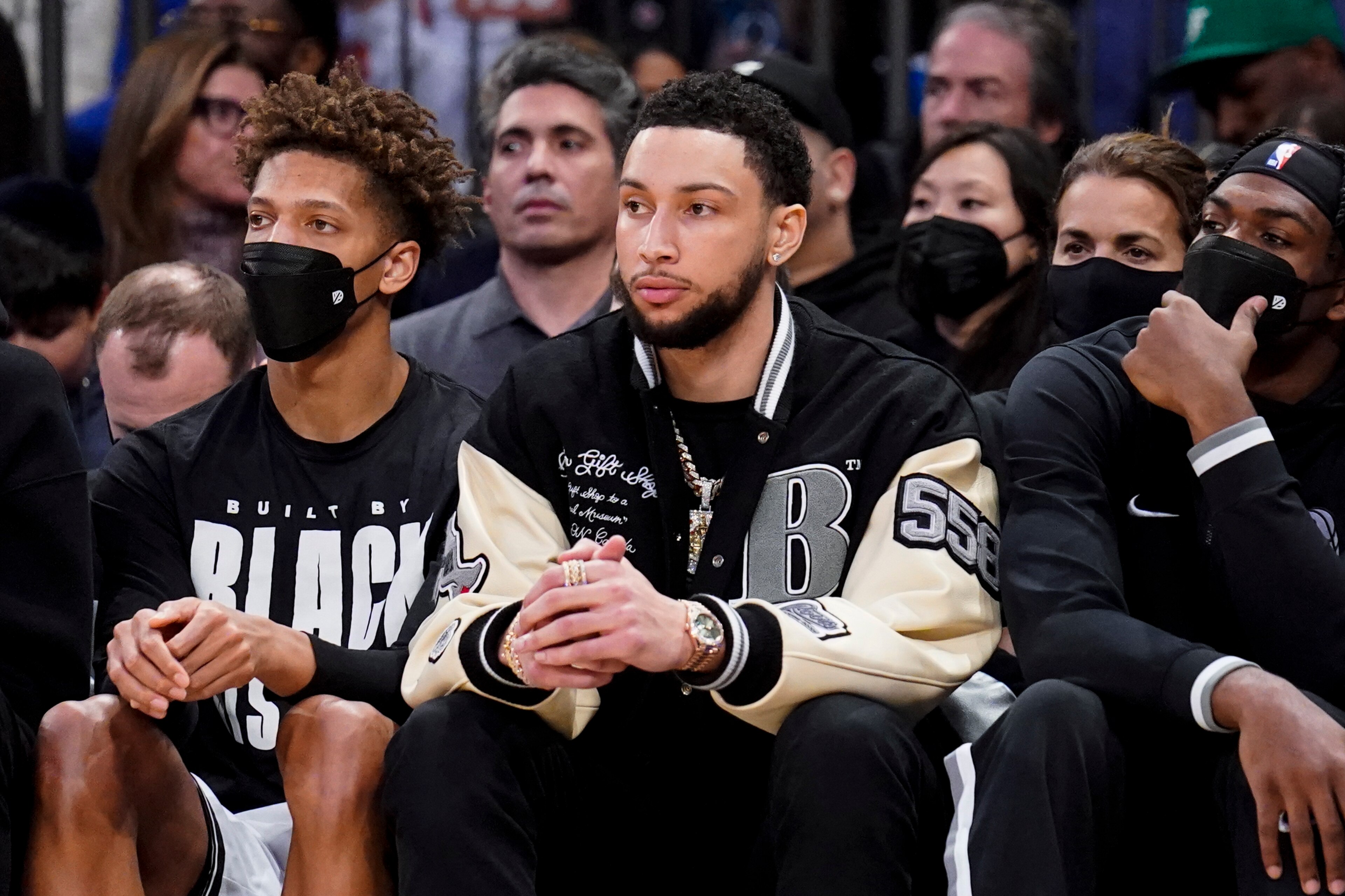 Brooklyn Nets forward Ben Simmons sits on the bench during the second half of an NBA basketball game against the New York Knicks, Wednesday, Feb. 16, 2022, in New York. (AP Photo/John Minchillo) Brooklyn Nets forward Ben Simmons sits on the bench during the second half of an NBA basketball game against the New York Knicks, Wednesday, Feb. 16, 2022, in New York. (AP Photo/John Minchillo)