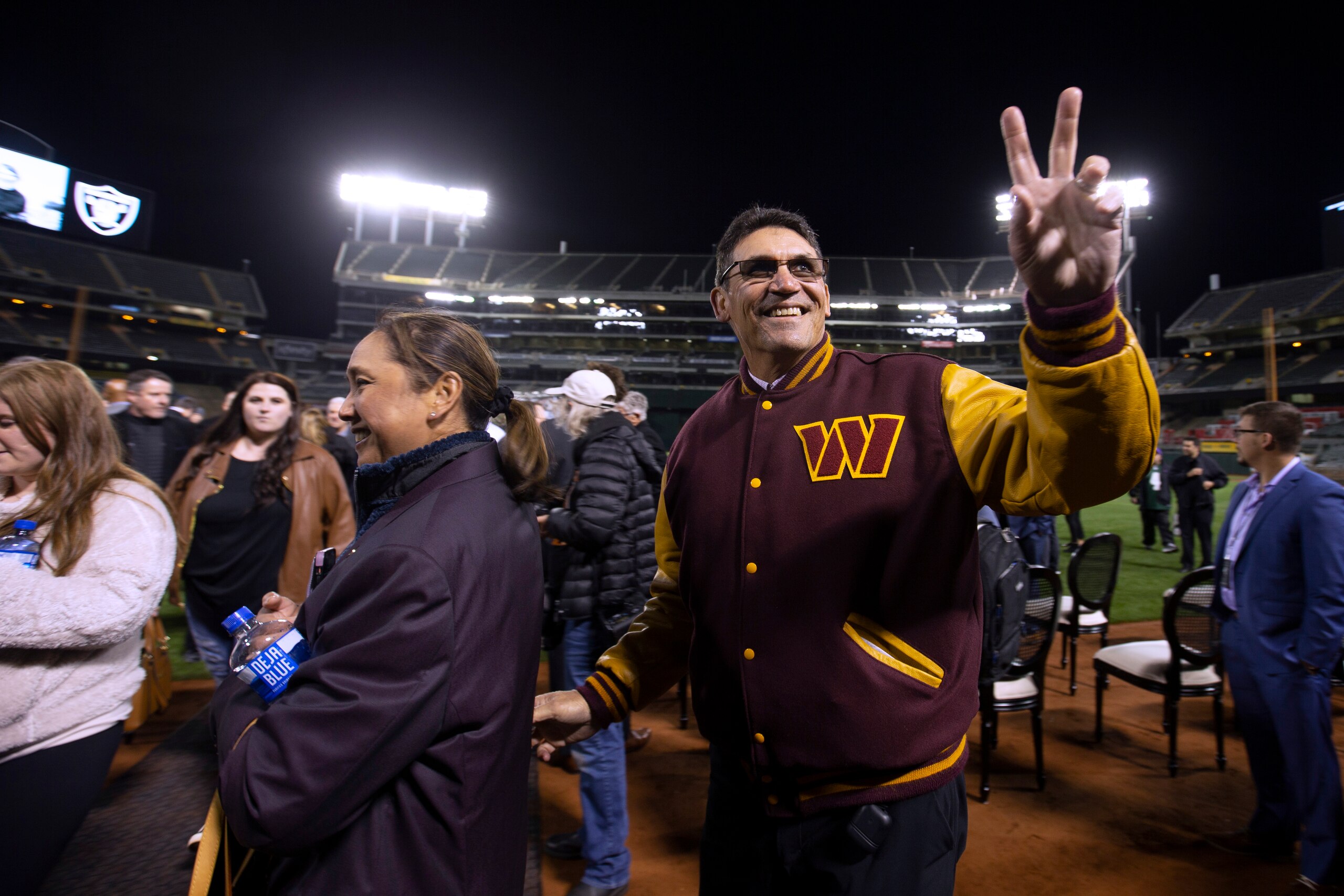 Washington Commanders coach Ron Rivera waves to the crowd following a memorial service for former NFL coach and television commentator John Madden, Monday, Feb. 14, 2022, in Oakland, Calif. Madden died in December at age 85. (AP Photo/D. Ross Cameron)