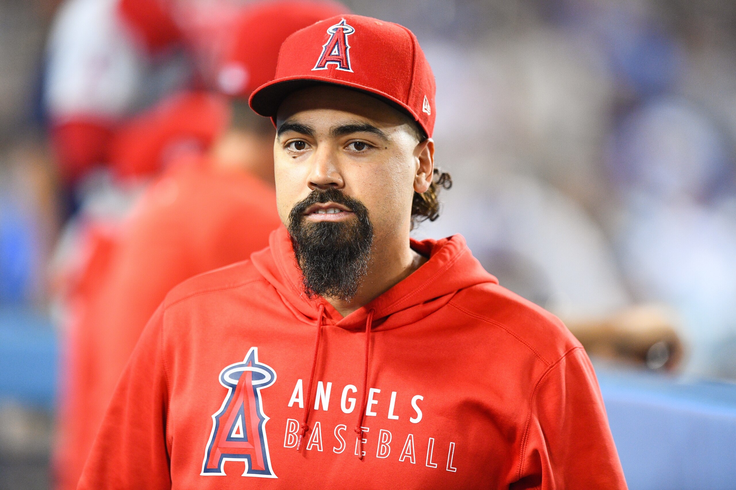 LOS ANGELES, CA - AUGUST 06: Los Angeles Angels third baseman Anthony Rendon (6) looks on in the dugout during the MLB game between the Los Angeles Angels and the Los Angeles Dodgers on August 6, 2021 at Dodger Stadium in Los Angeles, CA. (Photo by Brian Rothmuller/Icon Sportswire via Getty Images)