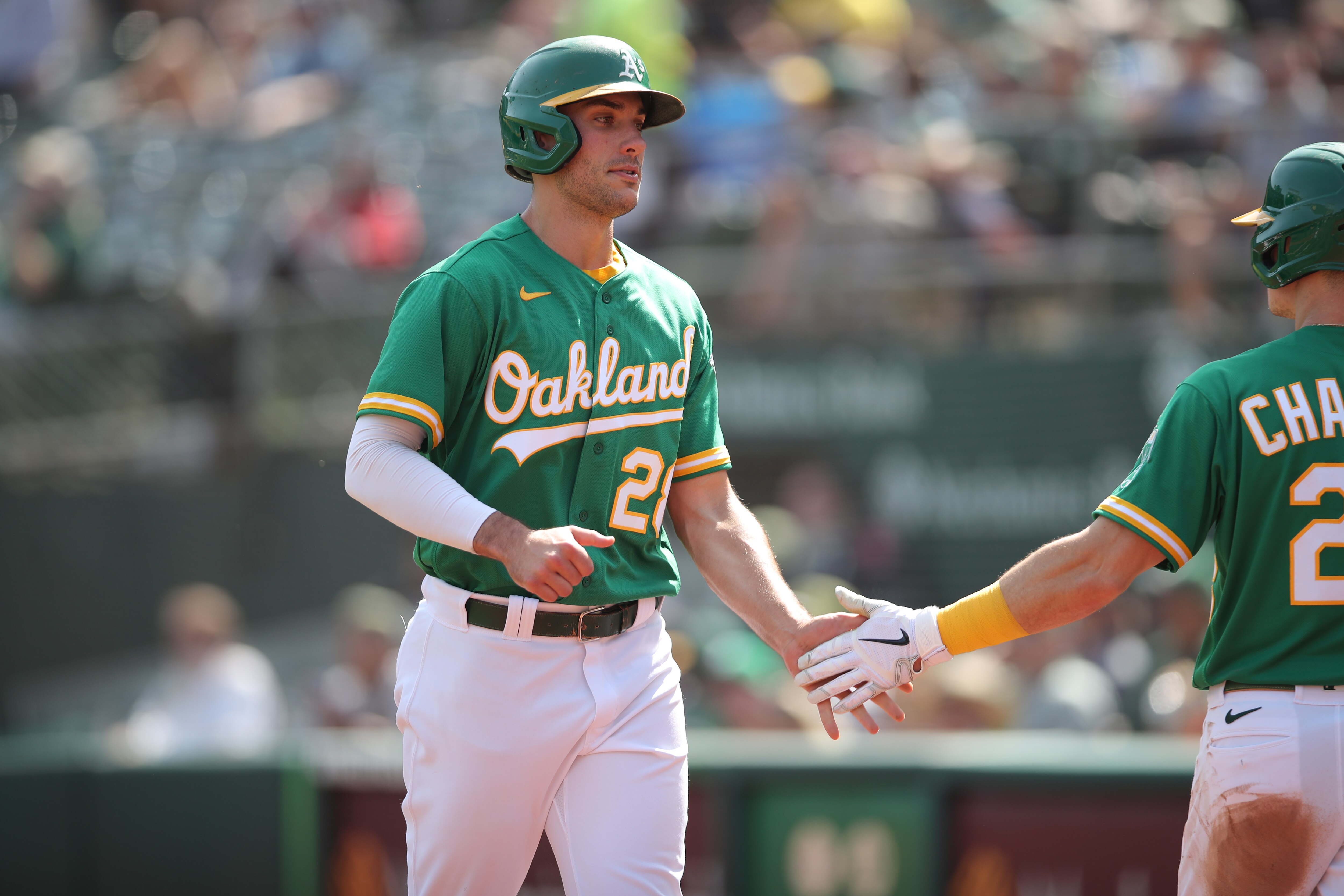 OAKLAND, CA - SEPTMEBER 23: Matt Olson #28 of the Oakland Athletics during the game against the Seattle Mariners at RingCentral Coliseum on September 23, 2021 in Oakland, California. The Mariners defeated the Athletics 6-5. (Photo by Michael Zagaris/Oakland Athletics/Getty Images)