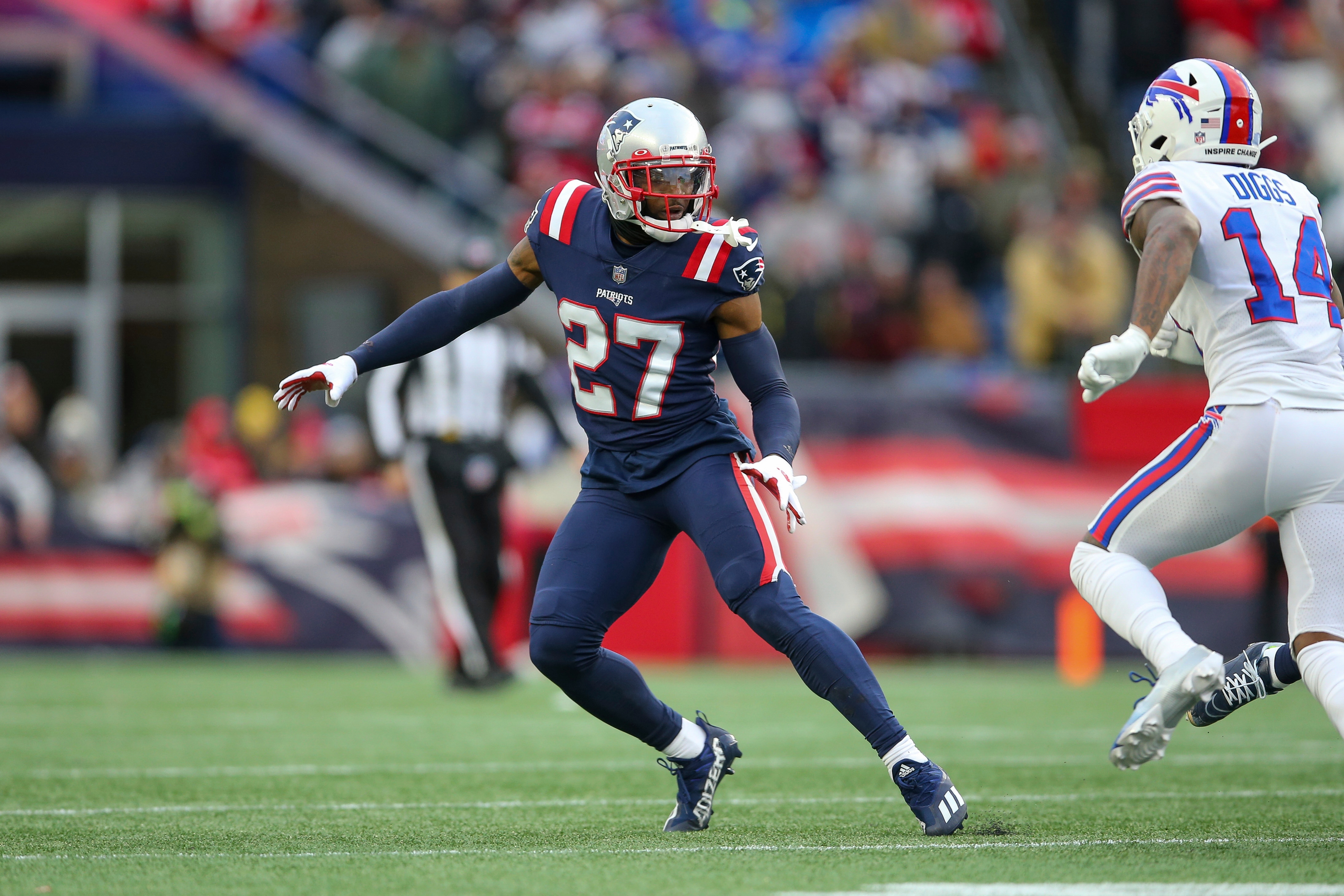 New England Patriots cornerback J.C. Jackson (27) defends during the second half of an NFL football game against the Buffalo Bills, Sunday, Dec. 26, 2021, in Foxborough, Mass. (AP Photo/Stew Milne)