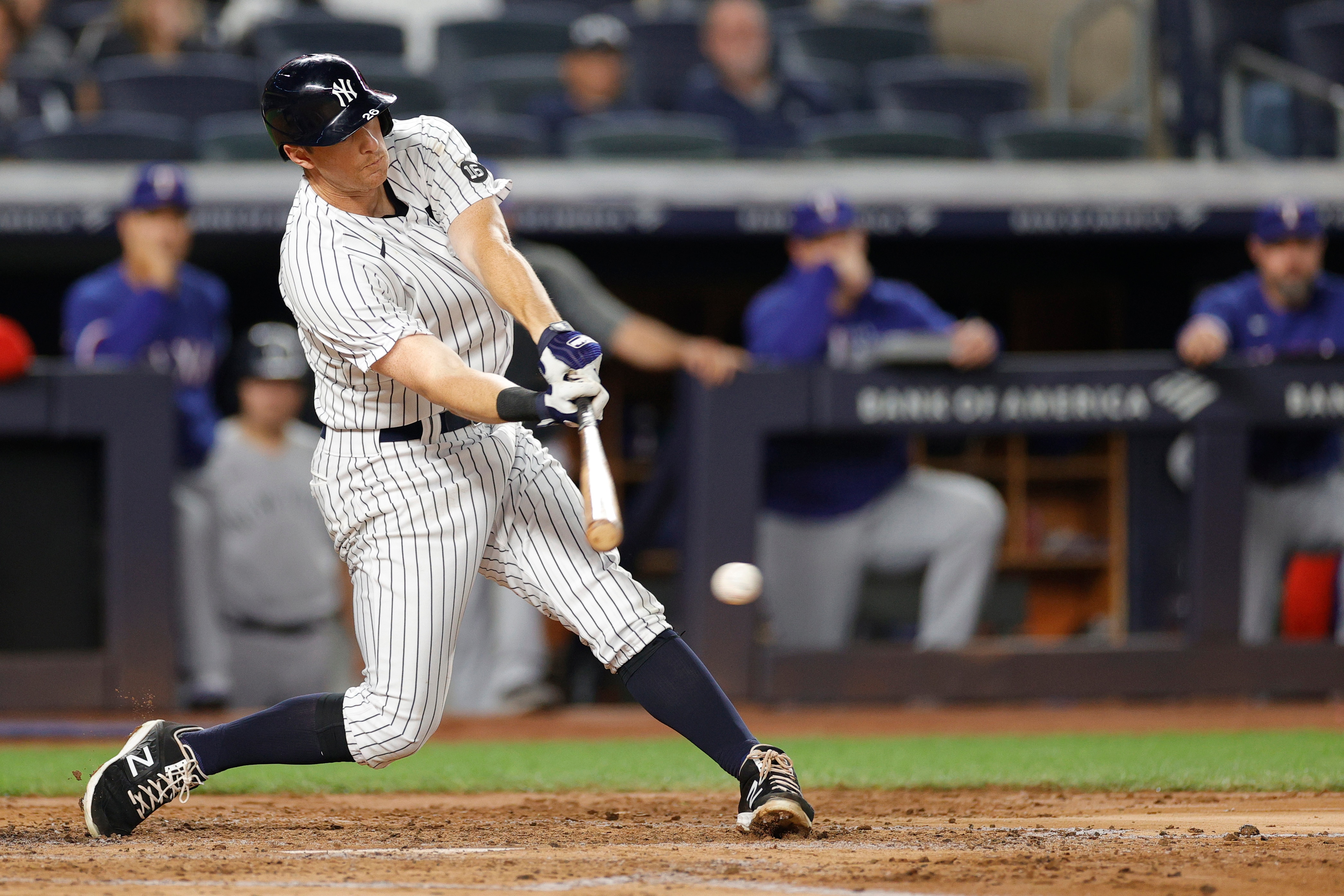 NEW YORK, NEW YORK - SEPTEMBER 21: DJ LeMahieu #26 of the New York Yankees at bat during the second inning against the Texas Rangers at Yankee Stadium on September 21, 2021 in the Bronx borough of New York City. (Photo by Sarah Stier/Getty Images)