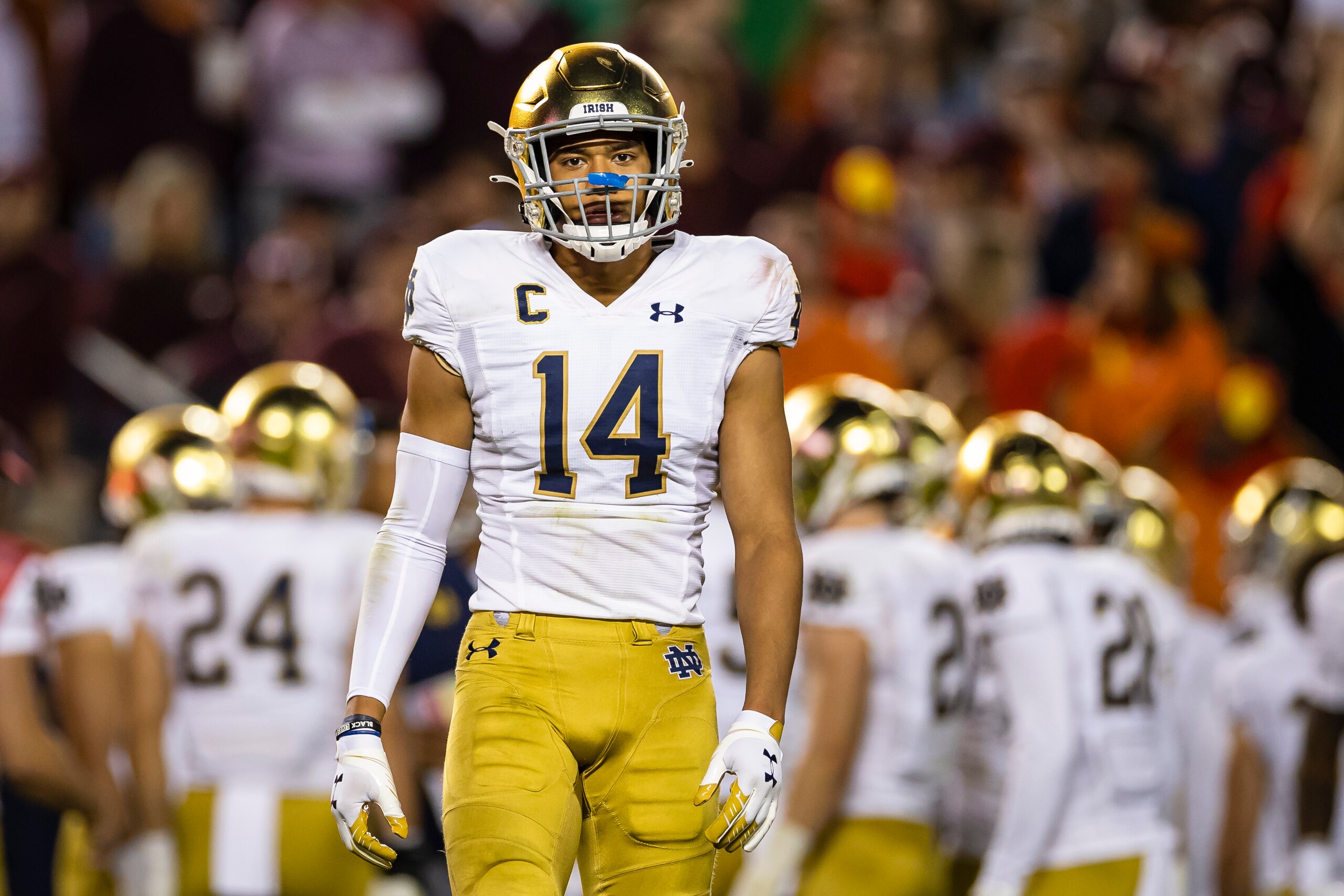 BLACKSBURG, VA - OCTOBER 09: Kyle Hamilton #14 of the Notre Dame Fighting Irish looks on during the first half of the game against the Virginia Tech Hokies at Lane Stadium on October 9, 2021 in Blacksburg, Virginia. (Photo by Scott Taetsch/Getty Images)