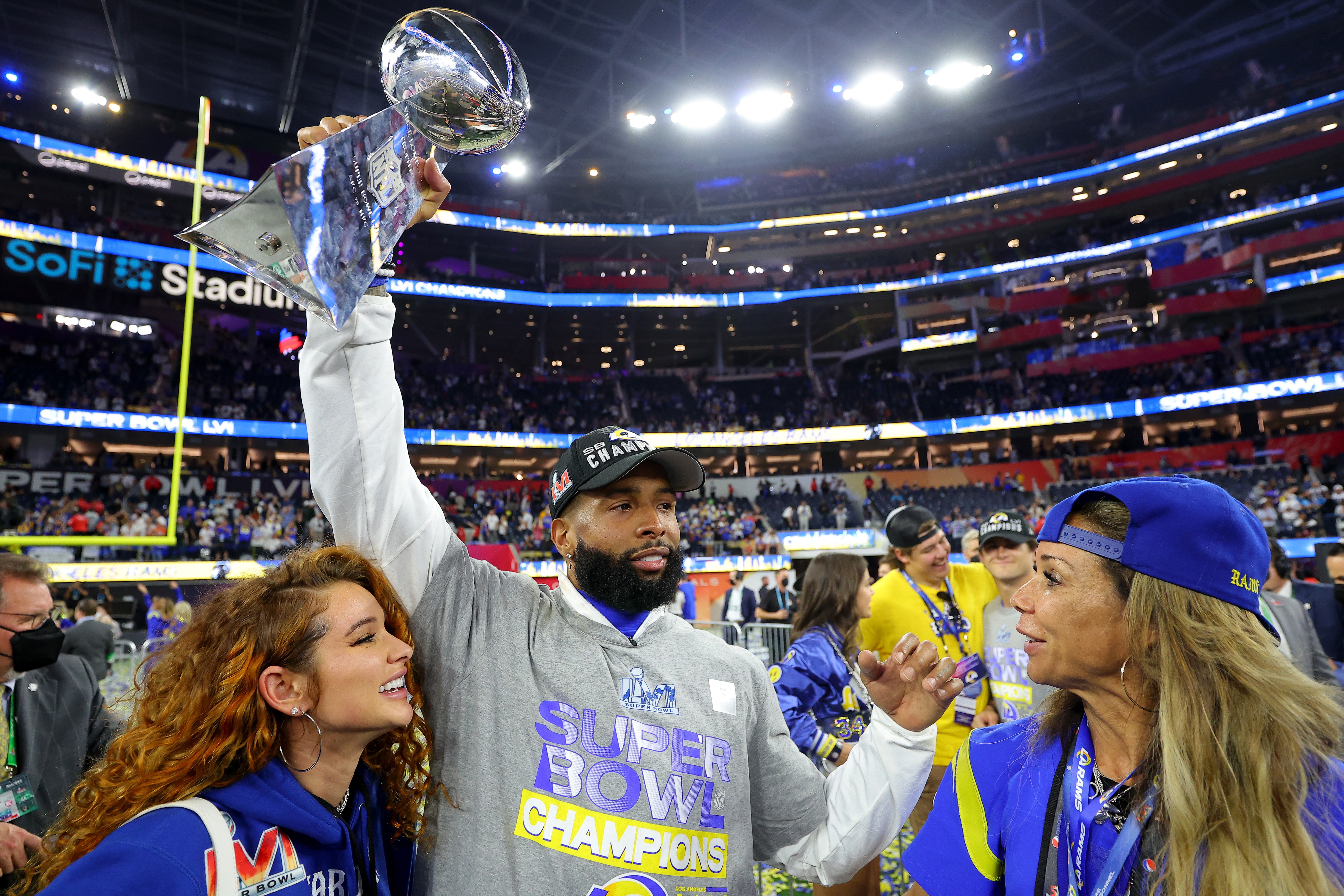 INGLEWOOD, CALIFORNIA - FEBRUARY 13: Odell Beckham Jr. #3 of the Los Angeles Rams celebrates after Super Bowl LVI at SoFi Stadium on February 13, 2022 in Inglewood, California. The Los Angeles Rams defeated the Cincinnati Bengals 23-20.  (Photo by Kevin C. Cox/Getty Images)