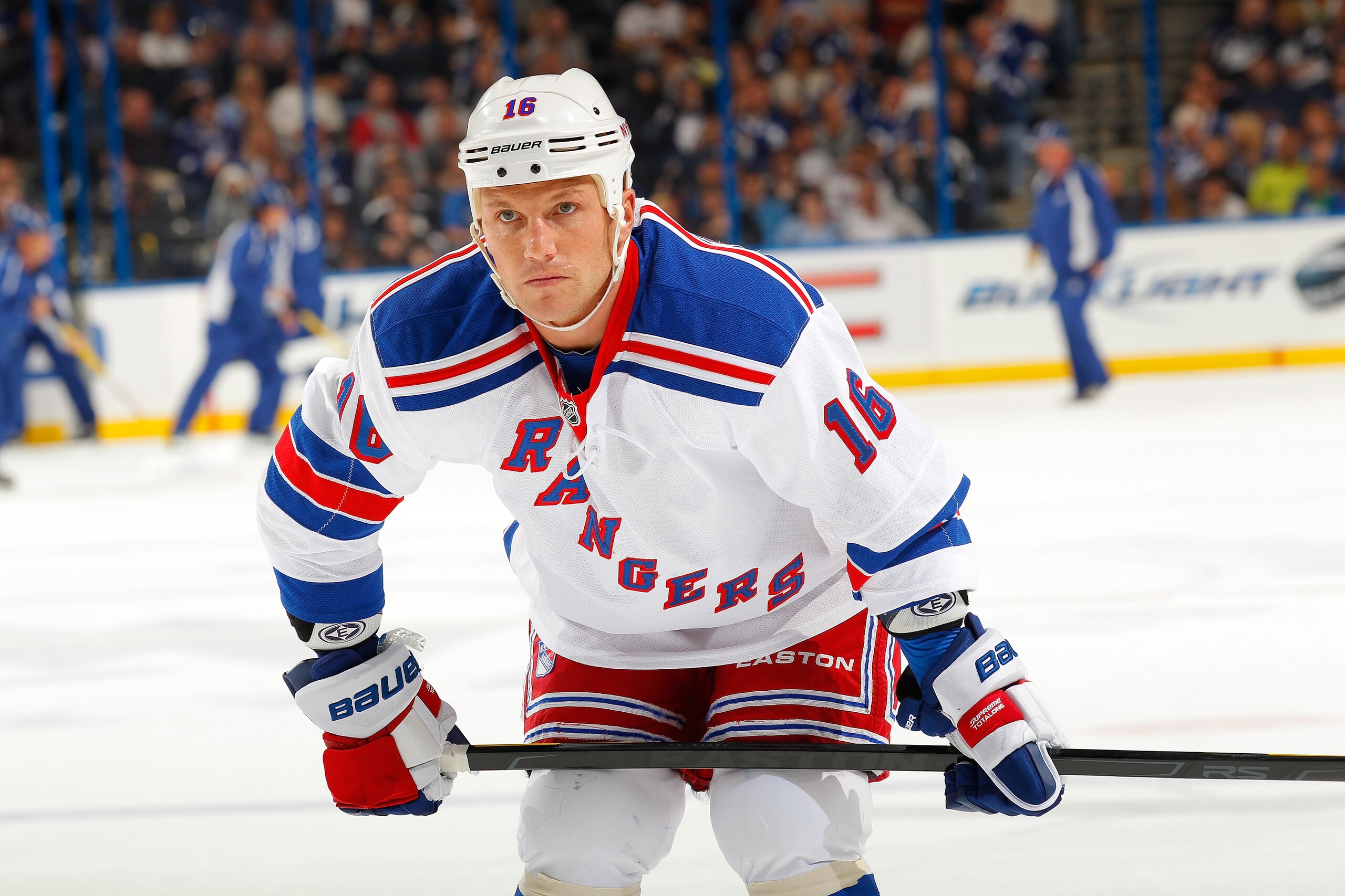 TAMPA, FL - DECEMBER 3:   Sean Avery #16 of the New York Rangers rest during a break in the action against the Tampa Bay Lightning at the St. Pete Times Forum on December 3, 2011 in Tampa, Florida.  (Photo by Scott Audette/NHLI via Getty Images)