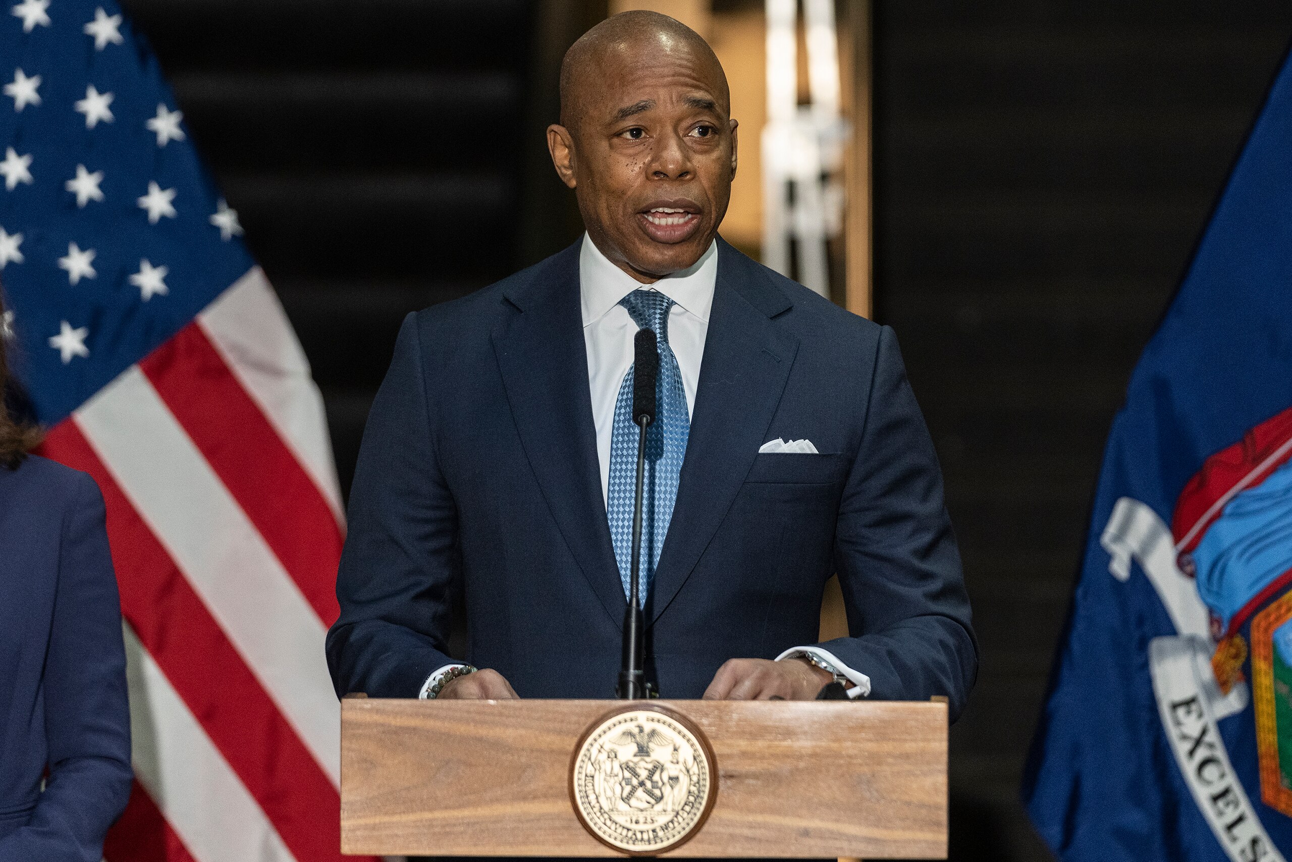 NEW YORK, UNITED STATES - 2022/02/18: Mayor Eric Adams speaks during joint announcement with Governor Kathy Hochul at Fulton street subway station. Governor Kathy Hochul and Mayor Eric Adams unveiled a plan to tackle the homelessness and mental health problem on New York City's subways to make public transportation safe for those in need for help and everyday riders. (Photo by Lev Radin/Pacific Press/LightRocket via Getty Images)