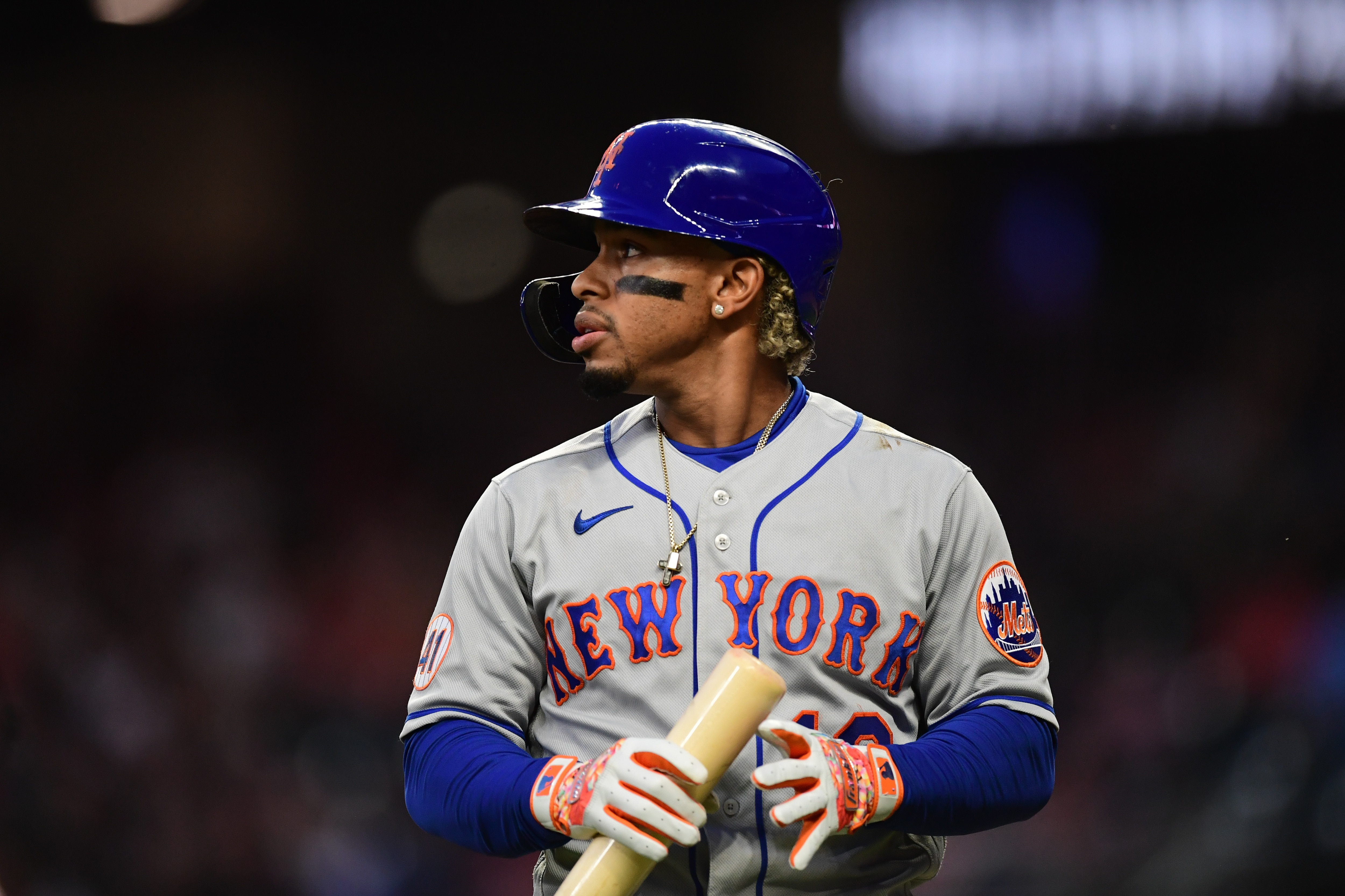 ATLANTA, GA - OCTOBER 01: Francisco Lindor #12 of the New York Mets reacts at the the plate at Truist Park on October 1, 2021 in Atlanta, Georgia. (Photo by Adam Hagy/Getty Images)
