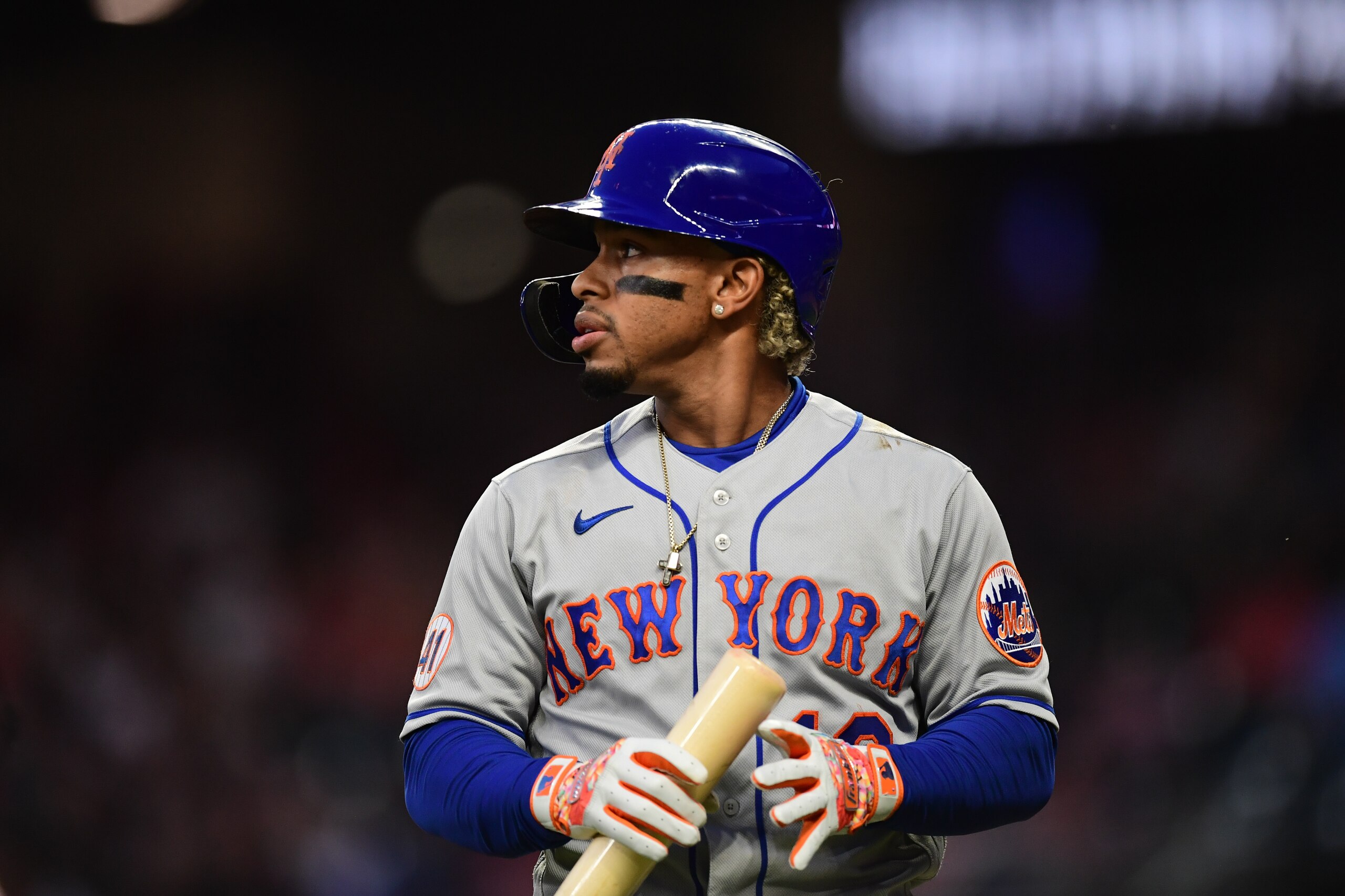ATLANTA, GA - OCTOBER 01: Francisco Lindor #12 of the New York Mets reacts at the the plate at Truist Park on October 1, 2021 in Atlanta, Georgia. (Photo by Adam Hagy/Getty Images)