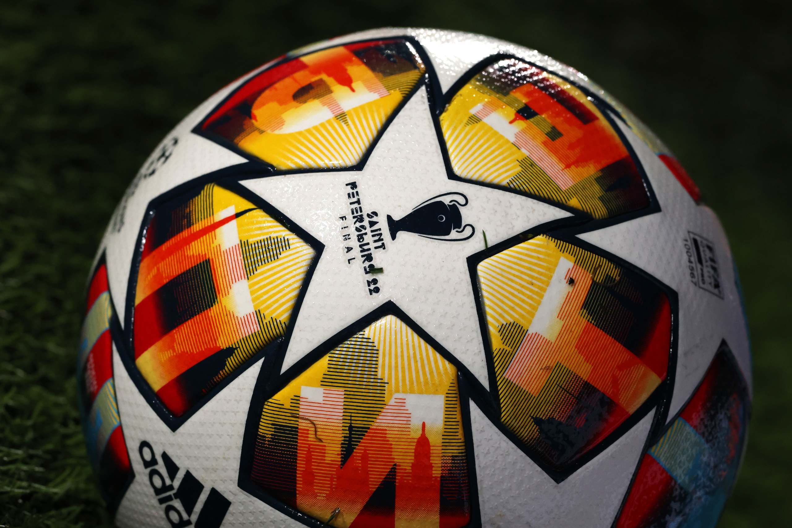 VILLARREAL, SPAIN - FEBRUARY 22: Details on an official Adidas UEFA Champions League matchball bearing the Saint Petersburg 22 logo during the UEFA Champions League Round Of Sixteen Leg One match between Villarreal CF and Juventus at Estadio de la Ceramica on February 22, 2022 in Villarreal, Spain. (Photo by Jonathan Moscrop/Getty Images)