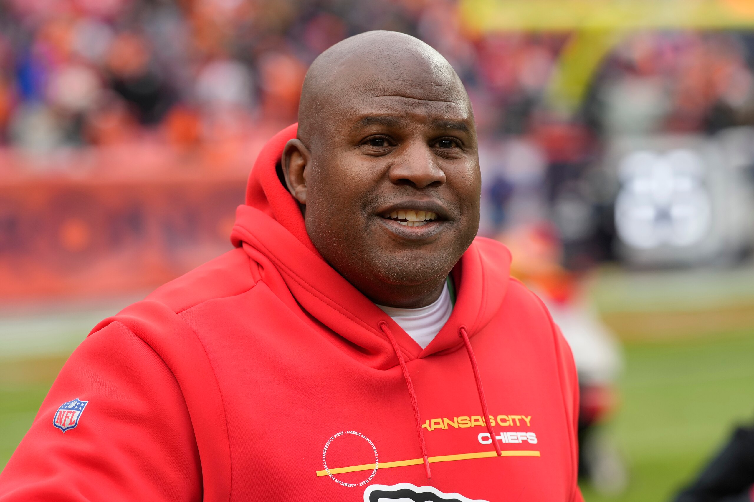 Kansas City Chiefs offensive coordinator Eric Bieniemy before an NFL football game against the Denver Broncos Saturday, Jan. 8, 2022, in Denver. (AP Photo/David Zalubowski)
