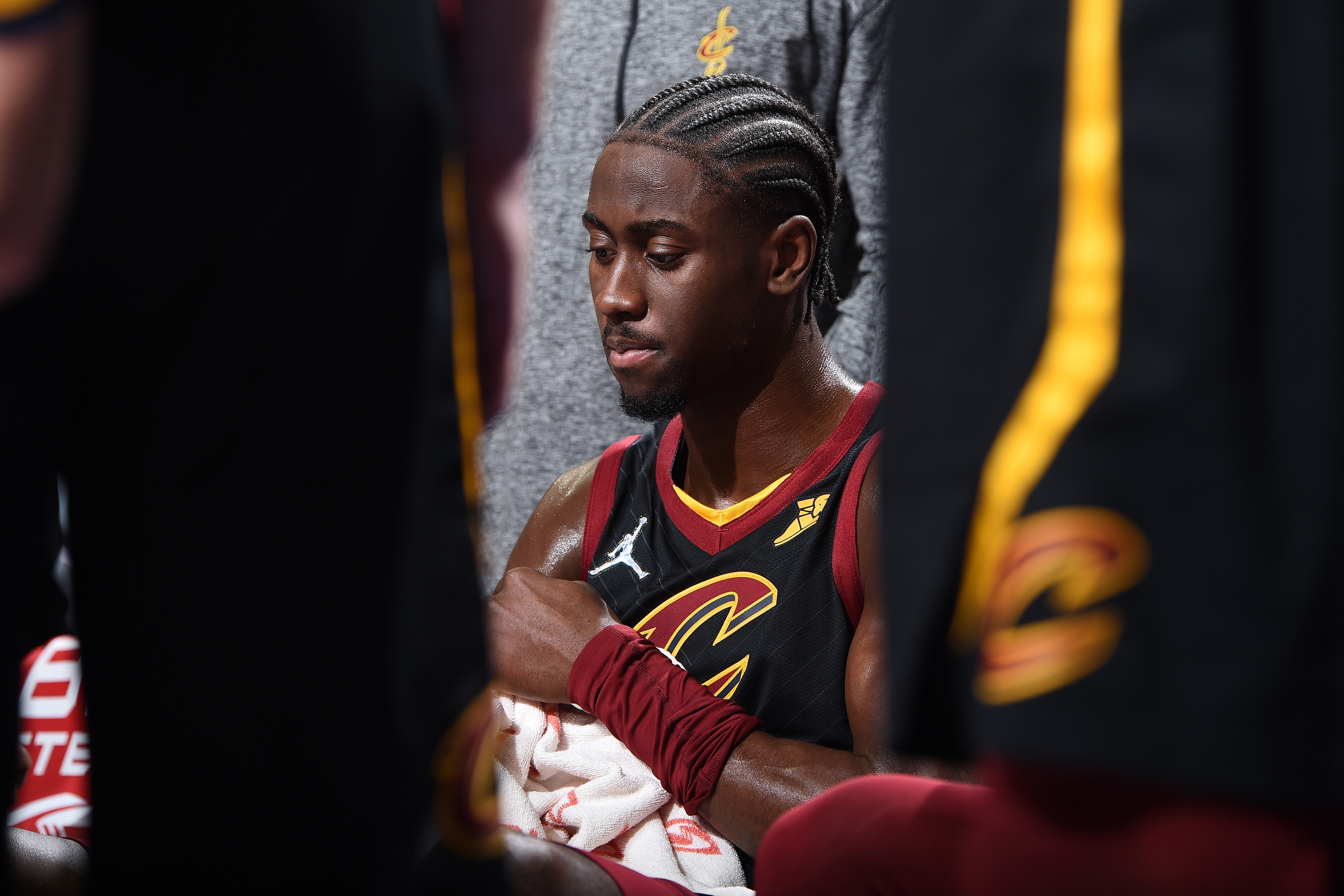 PHILADELPHIA, PA - FEBRUARY 12: Caris LeVert #3 of the Cleveland Cavaliers sits on the bench during the game against the Philadelphia 76ers on February 12, 2022 at the Wells Fargo Center in Philadelphia, Pennsylvania NOTE TO USER: User expressly acknowledges and agrees that, by downloading and/or using this Photograph, user is consenting to the terms and conditions of the Getty Images License Agreement. Mandatory Copyright Notice: Copyright 2022 NBAE (Photo by David Dow/NBAE via Getty Images)