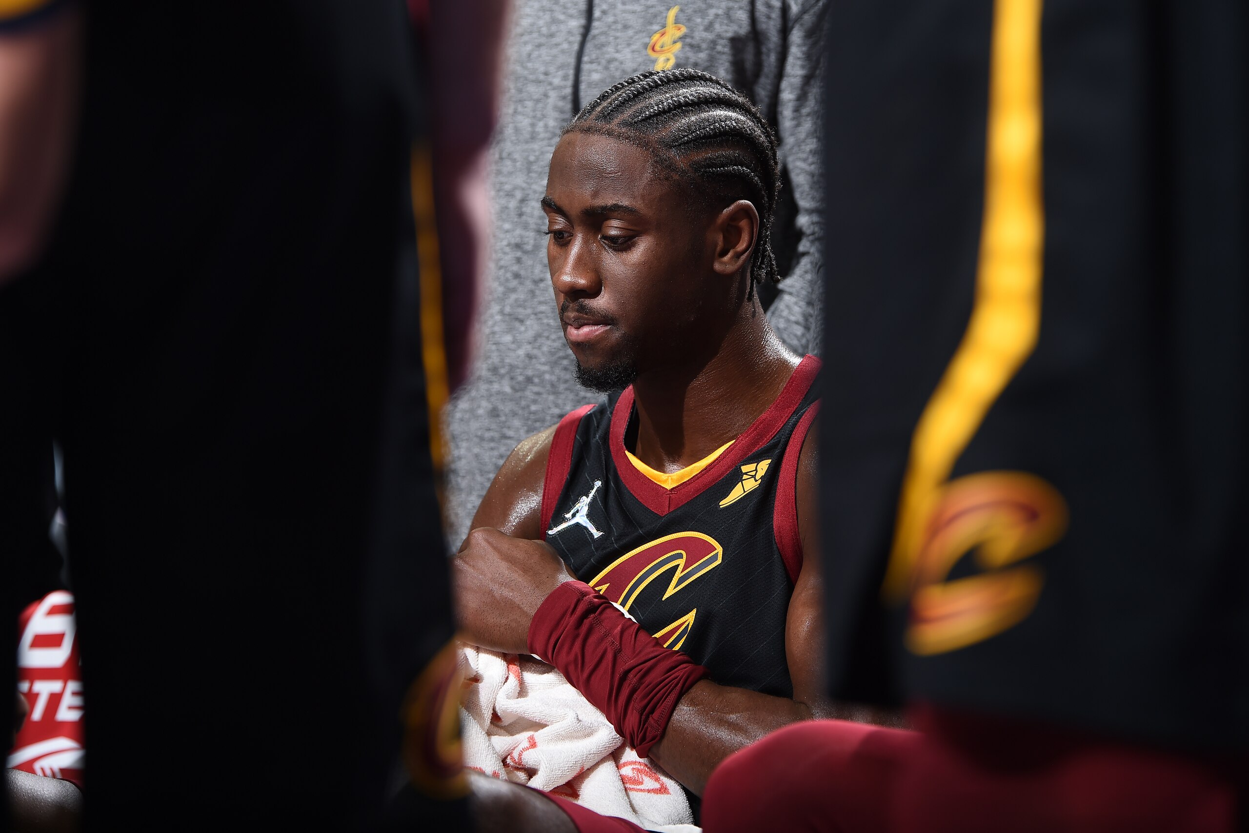 PHILADELPHIA, PA - FEBRUARY 12: Caris LeVert #3 of the Cleveland Cavaliers sits on the bench during the game against the Philadelphia 76ers on February 12, 2022 at the Wells Fargo Center in Philadelphia, Pennsylvania NOTE TO USER: User expressly acknowledges and agrees that, by downloading and/or using this Photograph, user is consenting to the terms and conditions of the Getty Images License Agreement. Mandatory Copyright Notice: Copyright 2022 NBAE (Photo by David Dow/NBAE via Getty Images)