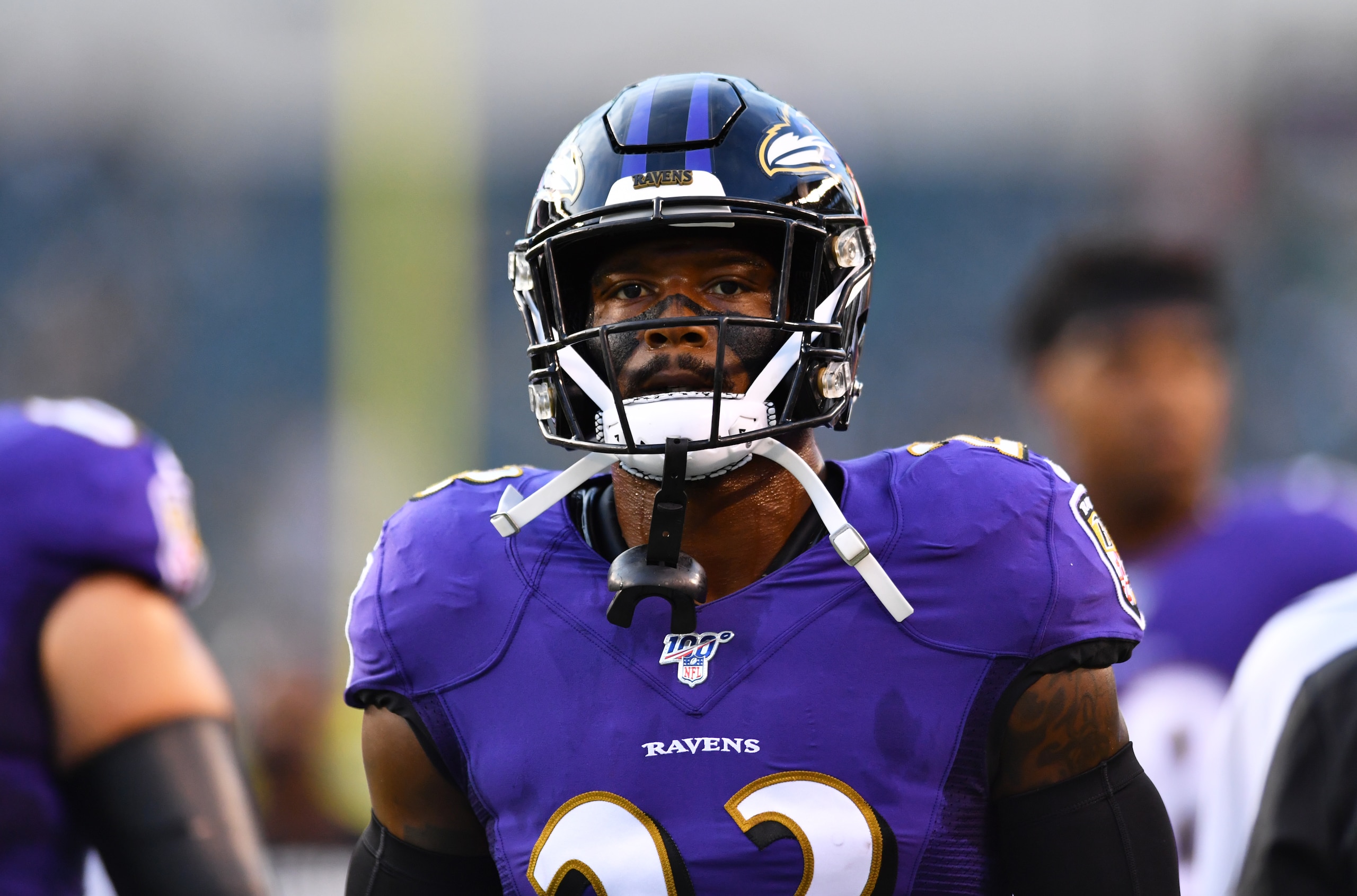 PHILADELPHIA, PA - AUGUST 22: Ravens S Tony Jefferson (23) walks the field during warmups before the Preseason game between the Baltimore Ravens and Philadelphia Eagles on August 22, 2019 at Lincoln Financial Field in Philadelphia, PA. (Photo by Kyle Ross/Icon Sportswire via Getty Images)