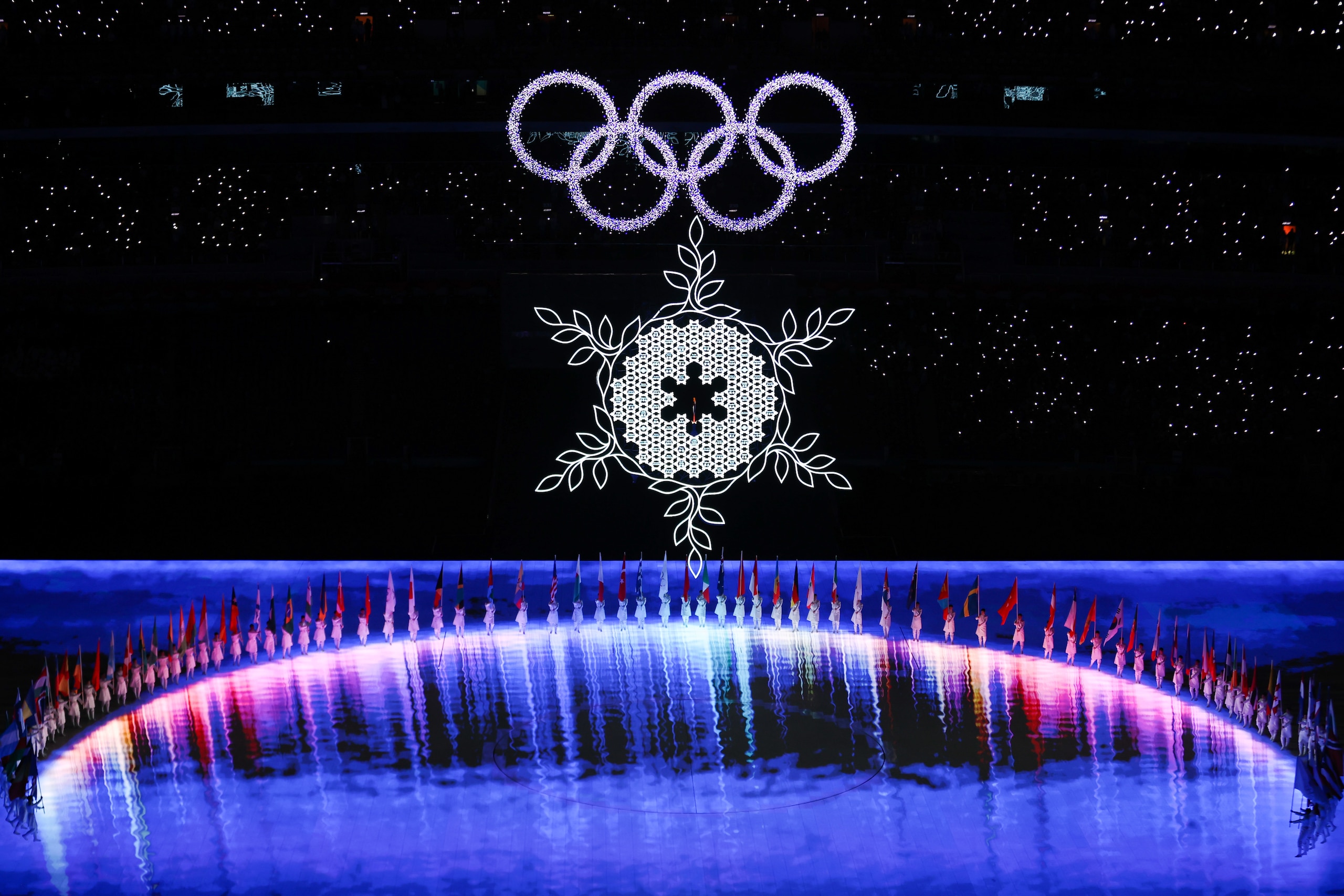 BEIJING, CHINA - FEBRUARY 20: The snowflake-shaped Olympic cauldron and the Olympic rings are seen during the Beijing 2022 Winter Olympics Closing Ceremony on Day 16 of the Beijing 2022 Winter Olympics at Beijing National Stadium on February 20, 2022 in Beijing, China. (Photo by Liu Lu/VCG via Getty Images)