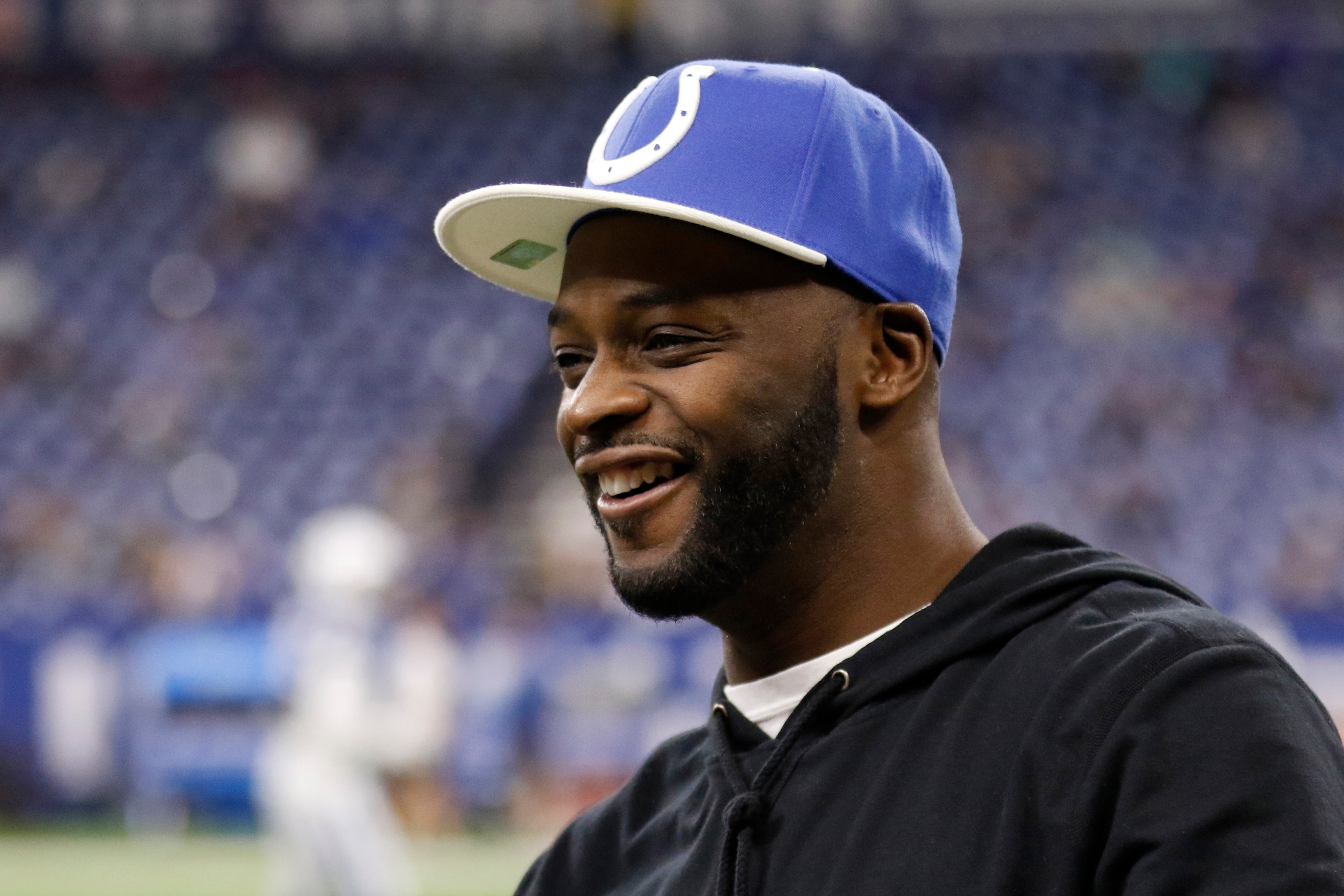 INDIANAPOLIS, INDIANA - NOVEMBER 10: Reggie Wayne of the Indianapolis Colts on the sidelines before the game against the Miami Dolphins at Lucas Oil Stadium on November 10, 2019 in Indianapolis, Indiana. (Photo by Justin Casterline/Getty Images)