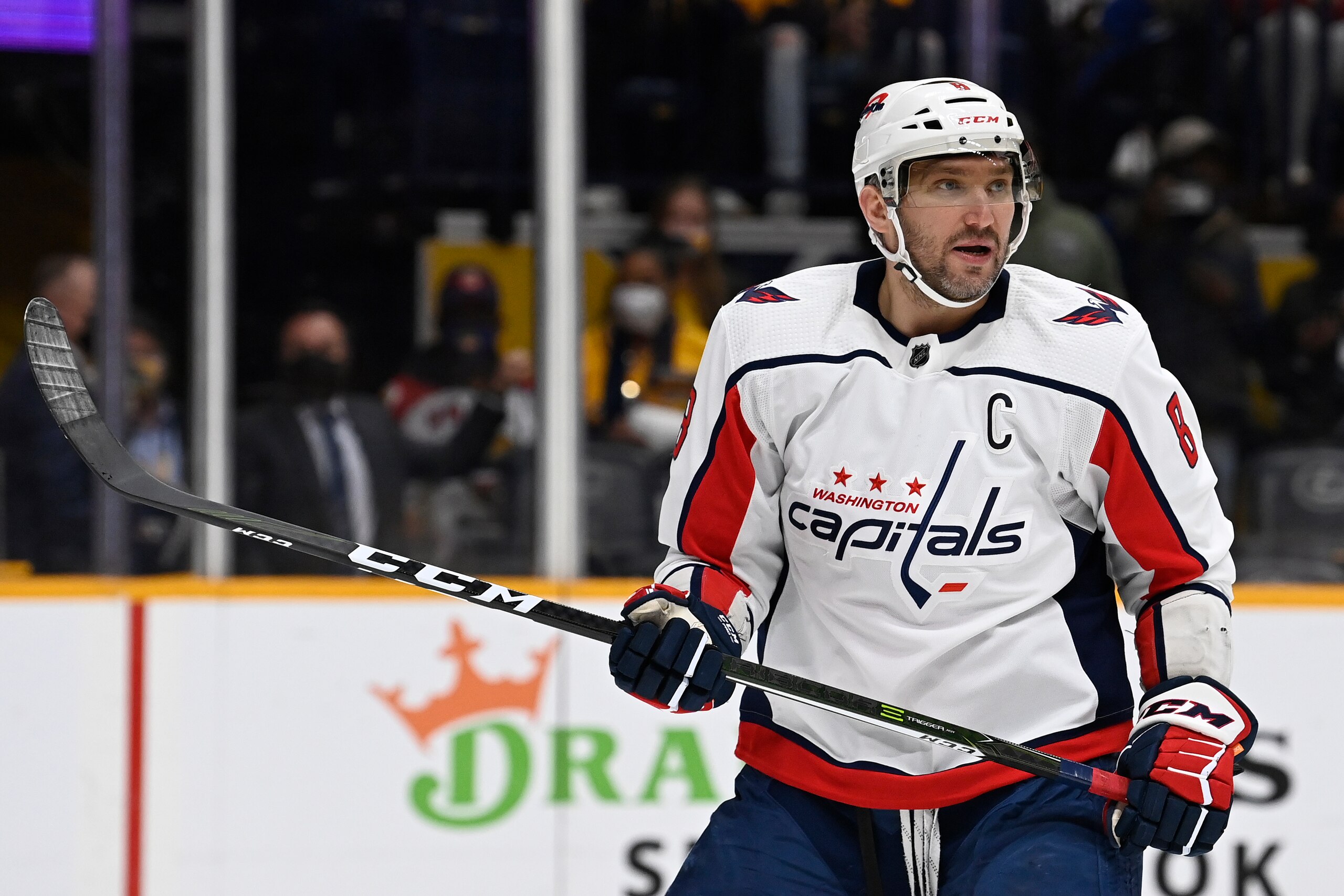 Washington Capitals left wing Alex Ovechkin (8) plays against the Nashville Predators during the first period of an NHL hockey game Tuesday, Feb. 15, 2022, in Nashville, Tenn. (AP Photo/Mark Zaleski)