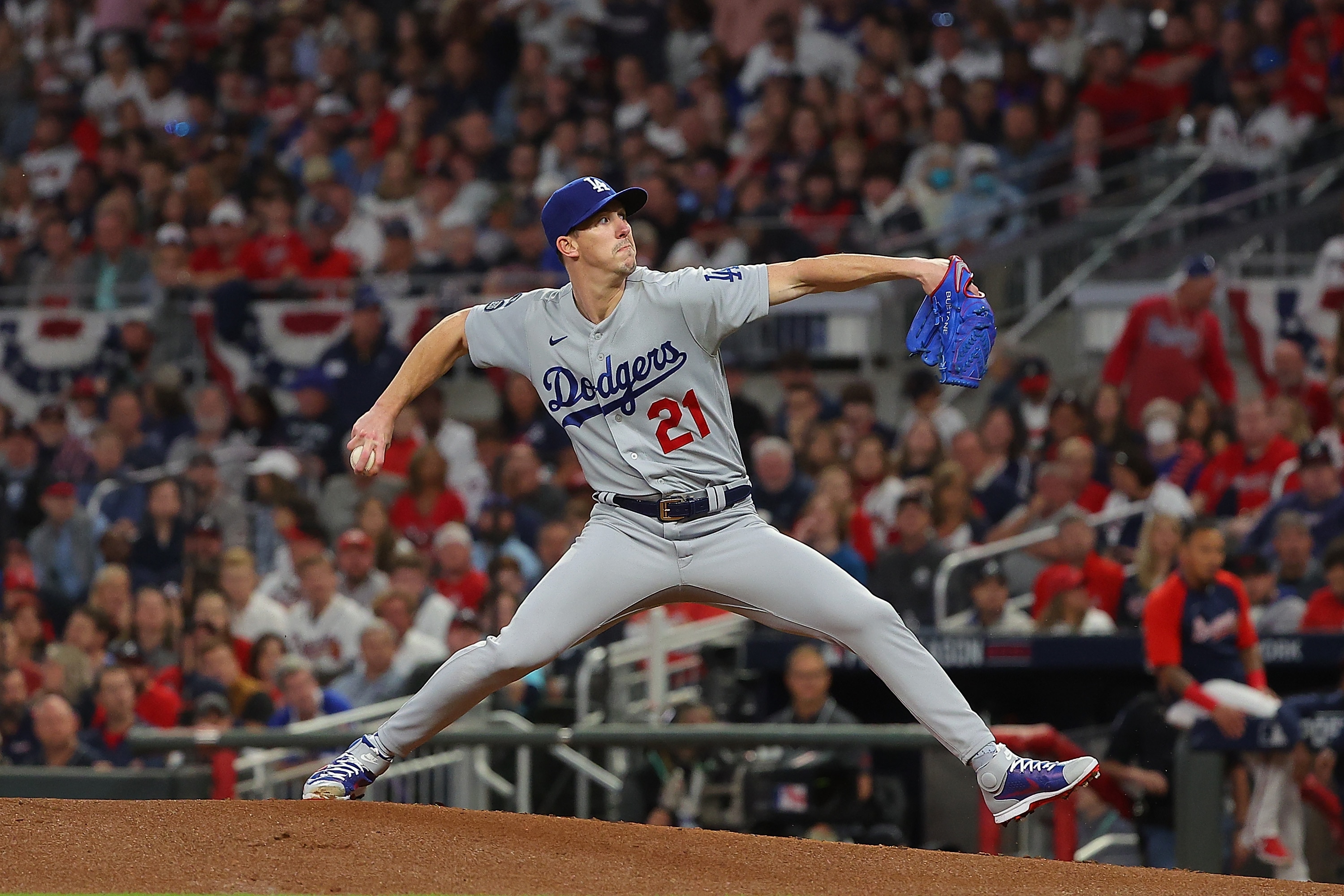 ATLANTA, GEORGIA - OCTOBER 23: Walker Buehler #21 of the Los Angeles Dodgers throws a pitch during the first inning of Game Six of the National League Championship Series against the Atlanta Braves at Truist Park on October 23, 2021 in Atlanta, Georgia. (Photo by Kevin C. Cox/Getty Images)
