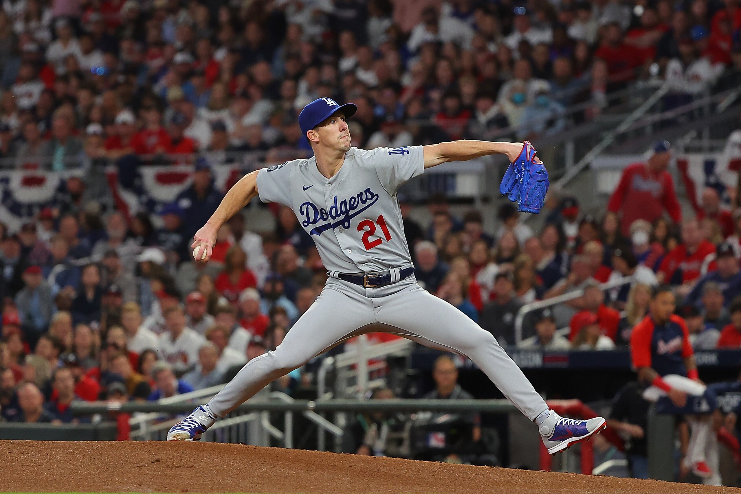 ATLANTA, GEORGIA - OCTOBER 23: Walker Buehler #21 of the Los Angeles Dodgers throws a pitch during the first inning of Game Six of the National League Championship Series against the Atlanta Braves at Truist Park on October 23, 2021 in Atlanta, Georgia. (Photo by Kevin C. Cox/Getty Images)