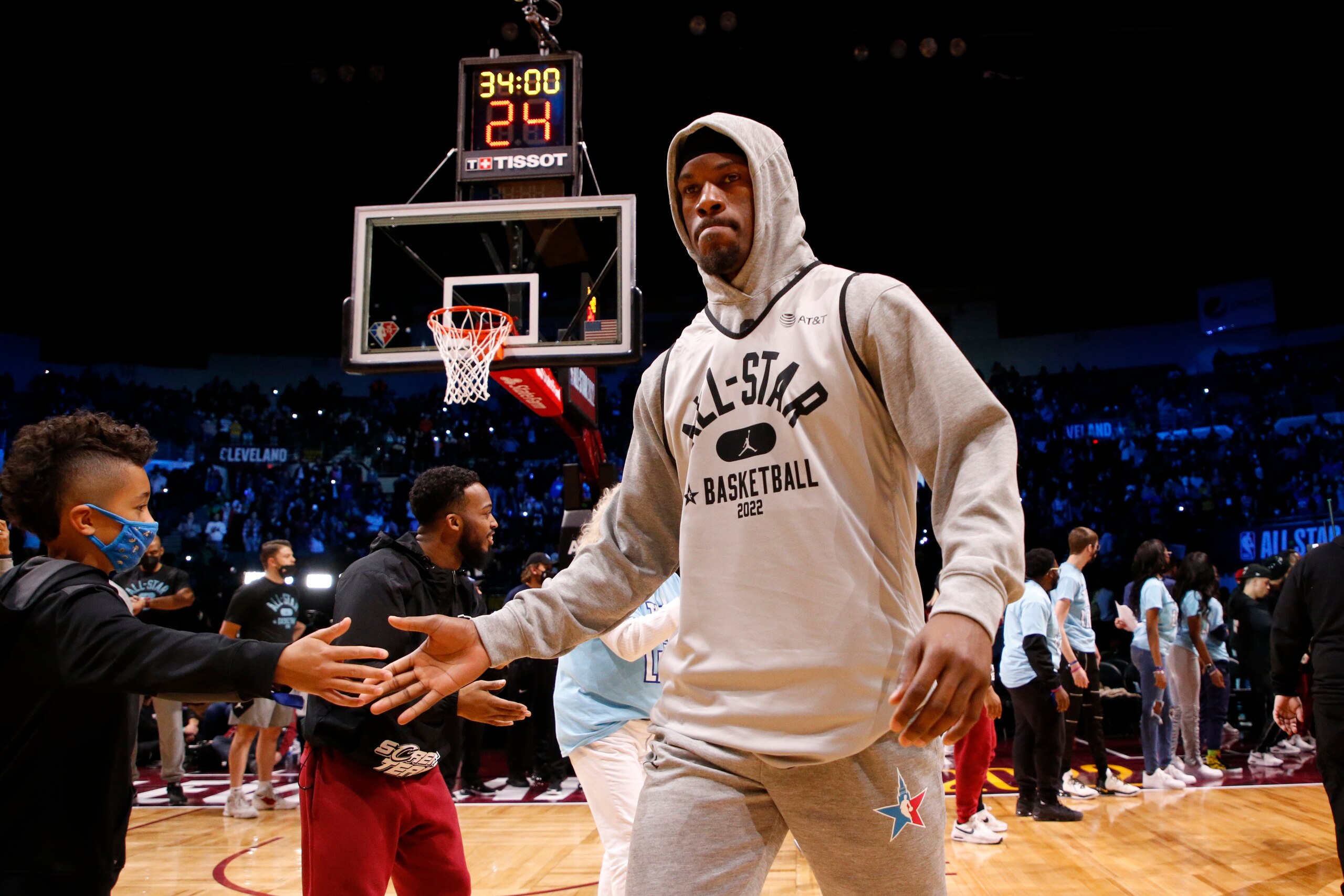 CLEVELAND, OH - FEBRUARY 19: Jimmy Butler #22 of Team LeBron walks onto the court during NBA All Star Practice as part of 2022 NBA All Star Weekend on Saturday, February 19, 2022 at Wolstein Center in Cleveland, Ohio. NOTE TO USER: User expressly acknowledges and agrees that, by downloading and/or using this Photograph, user is consenting to the terms and conditions of the Getty Images License Agreement. Mandatory Copyright Notice: Copyright 2022 NBAE (Photo by Brian Sevald/NBAE via Getty Images)