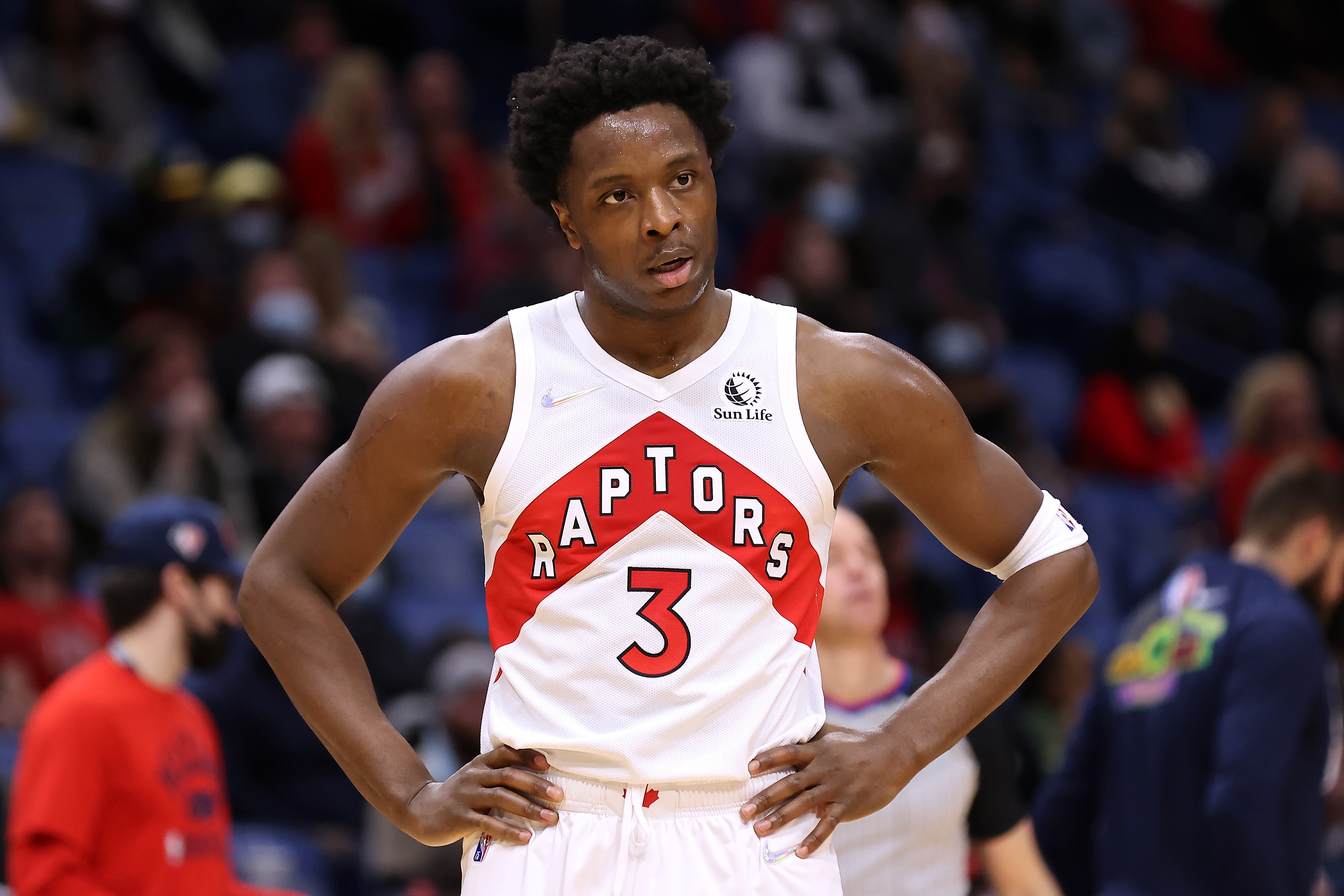 NEW ORLEANS, LOUISIANA - FEBRUARY 14: OG Anunoby #3 of the Toronto Raptors reacts against the New Orleans Pelicans during a game at the Smoothie King Center on February 14, 2022 in New Orleans, Louisiana. NOTE TO USER: User expressly acknowledges and agrees that, by downloading and or using this Photograph, user is consenting to the terms and conditions of the Getty Images License Agreement. (Photo by Jonathan Bachman/Getty Images)