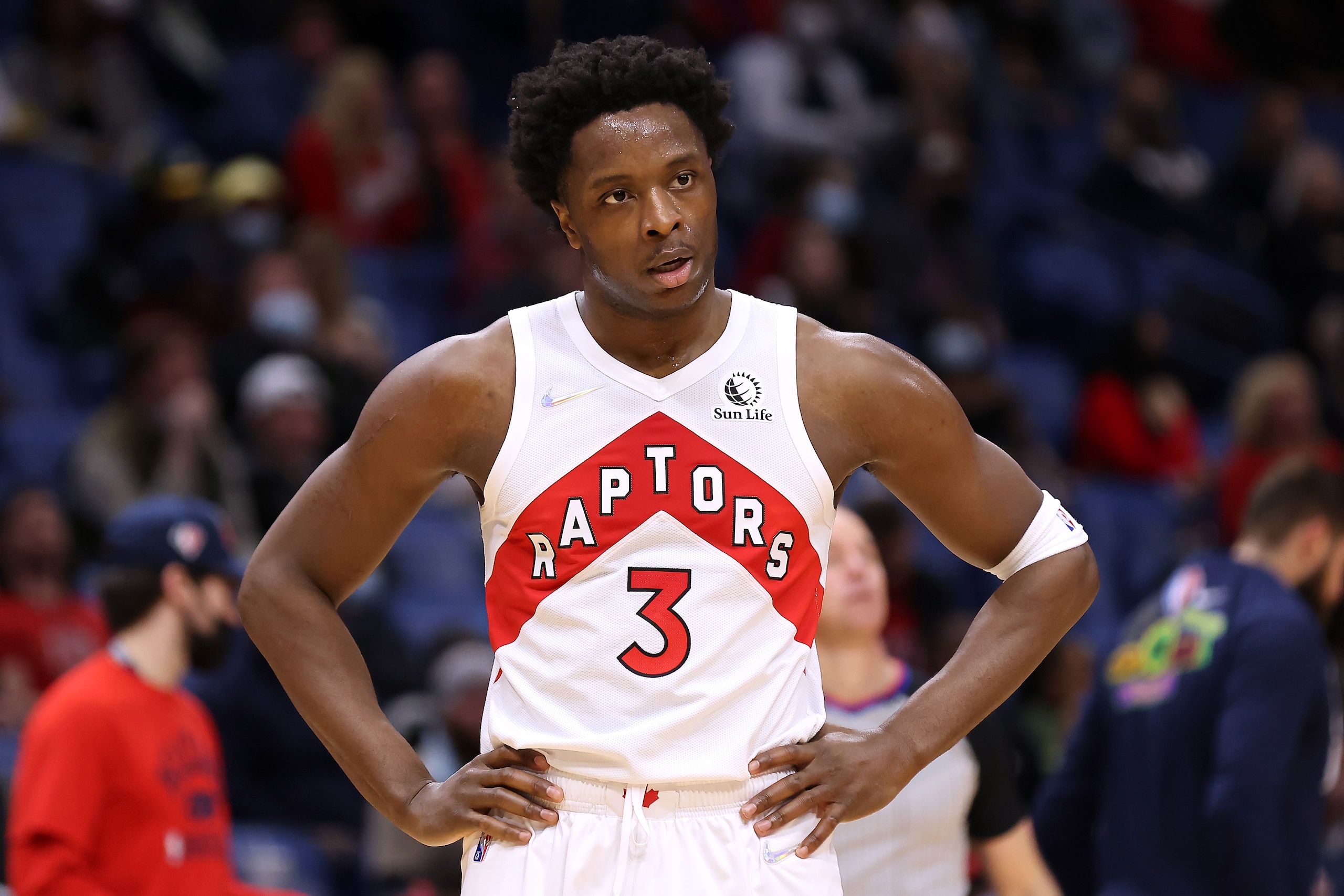 NEW ORLEANS, LOUISIANA - FEBRUARY 14: OG Anunoby #3 of the Toronto Raptors reacts against the New Orleans Pelicans during a game at the Smoothie King Center on February 14, 2022 in New Orleans, Louisiana. NOTE TO USER: User expressly acknowledges and agrees that, by downloading and or using this Photograph, user is consenting to the terms and conditions of the Getty Images License Agreement. (Photo by Jonathan Bachman/Getty Images)