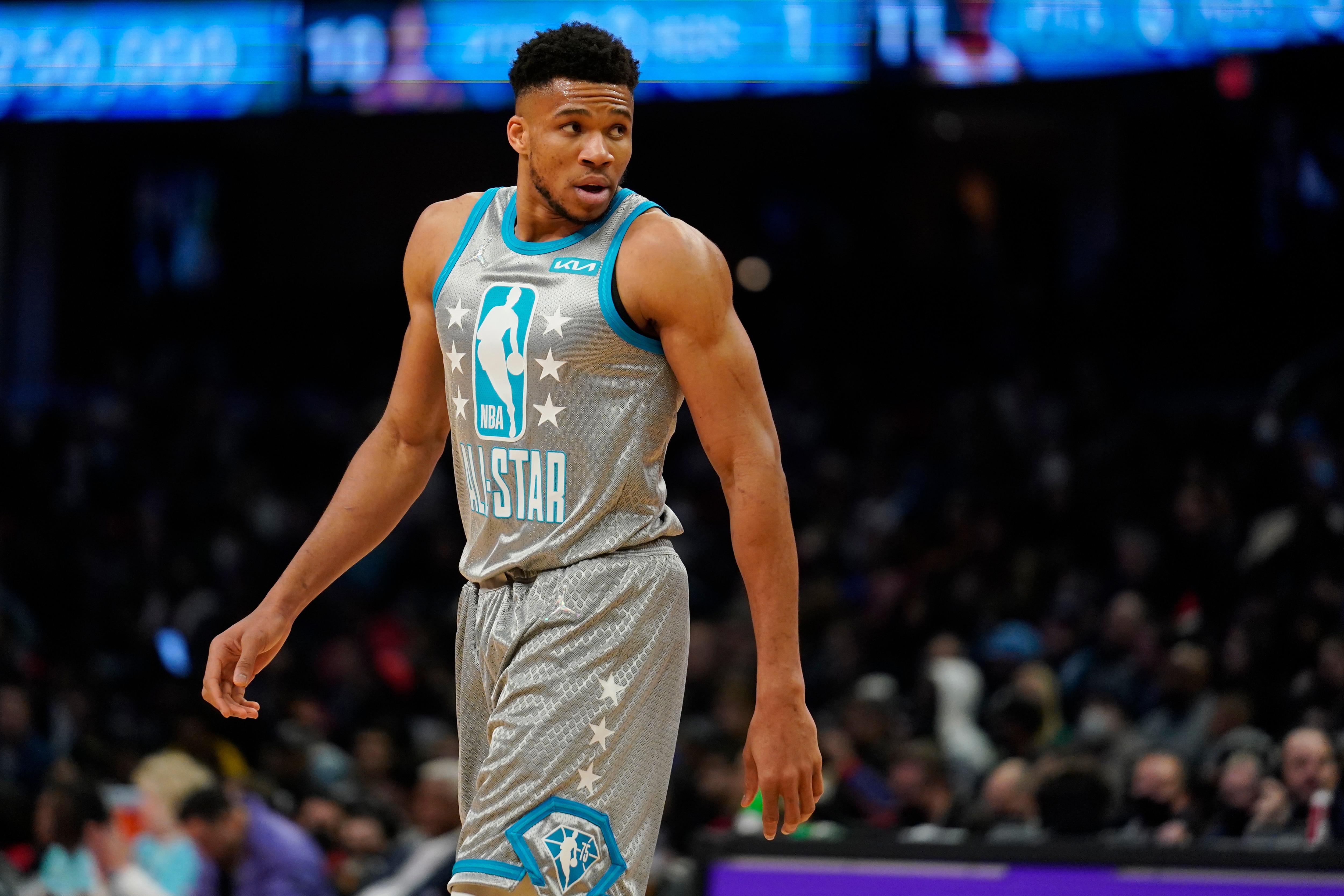 Milwaukee Bucks' Giannis Antetokounmpo during the NBA All-Star game in Cleveland, Sunday, Feb. 20, 2022. (AP Photo/Charles Krupa)