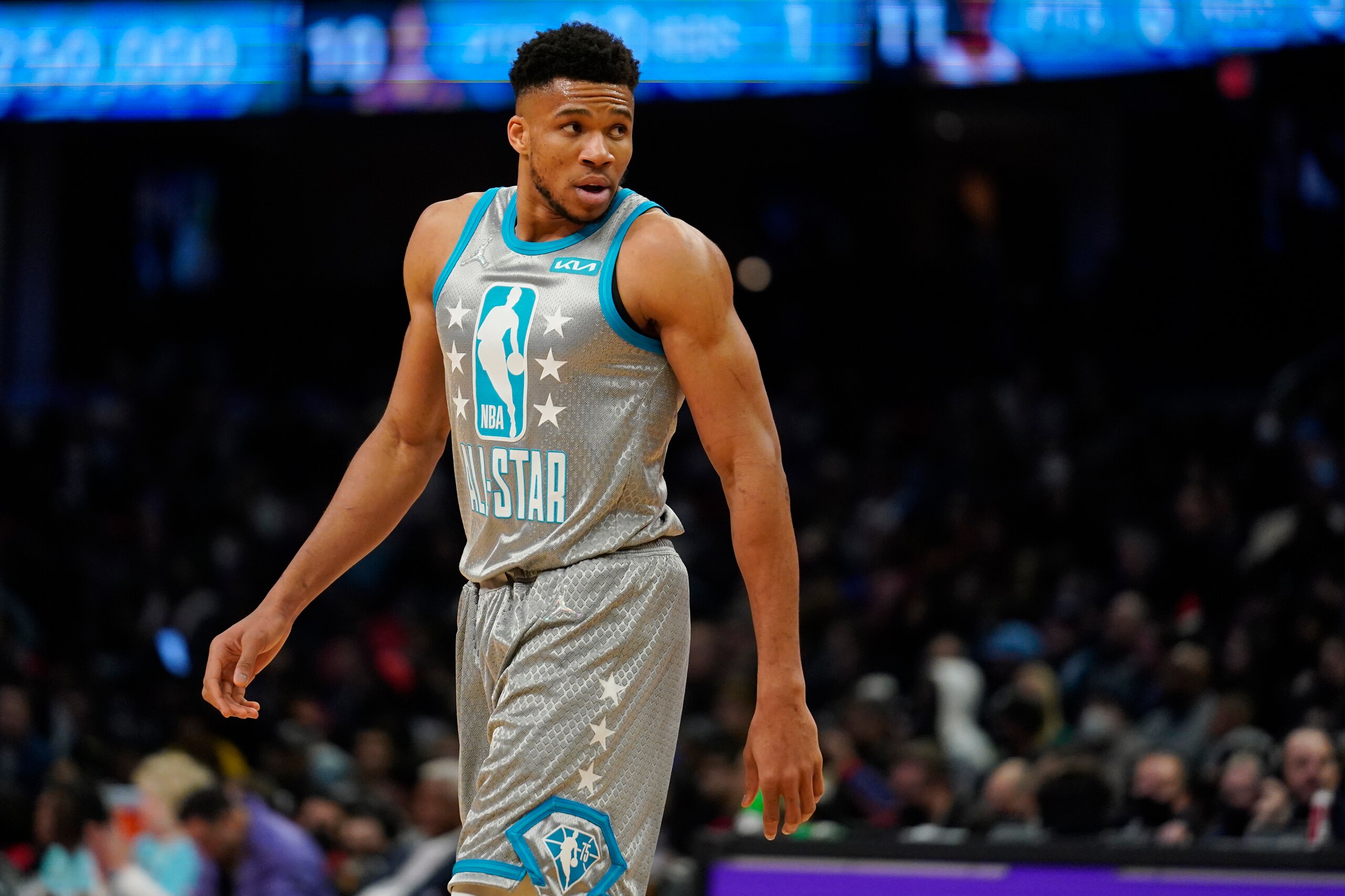 Milwaukee Bucks' Giannis Antetokounmpo during the NBA All-Star game in Cleveland, Sunday, Feb. 20, 2022. (AP Photo/Charles Krupa)