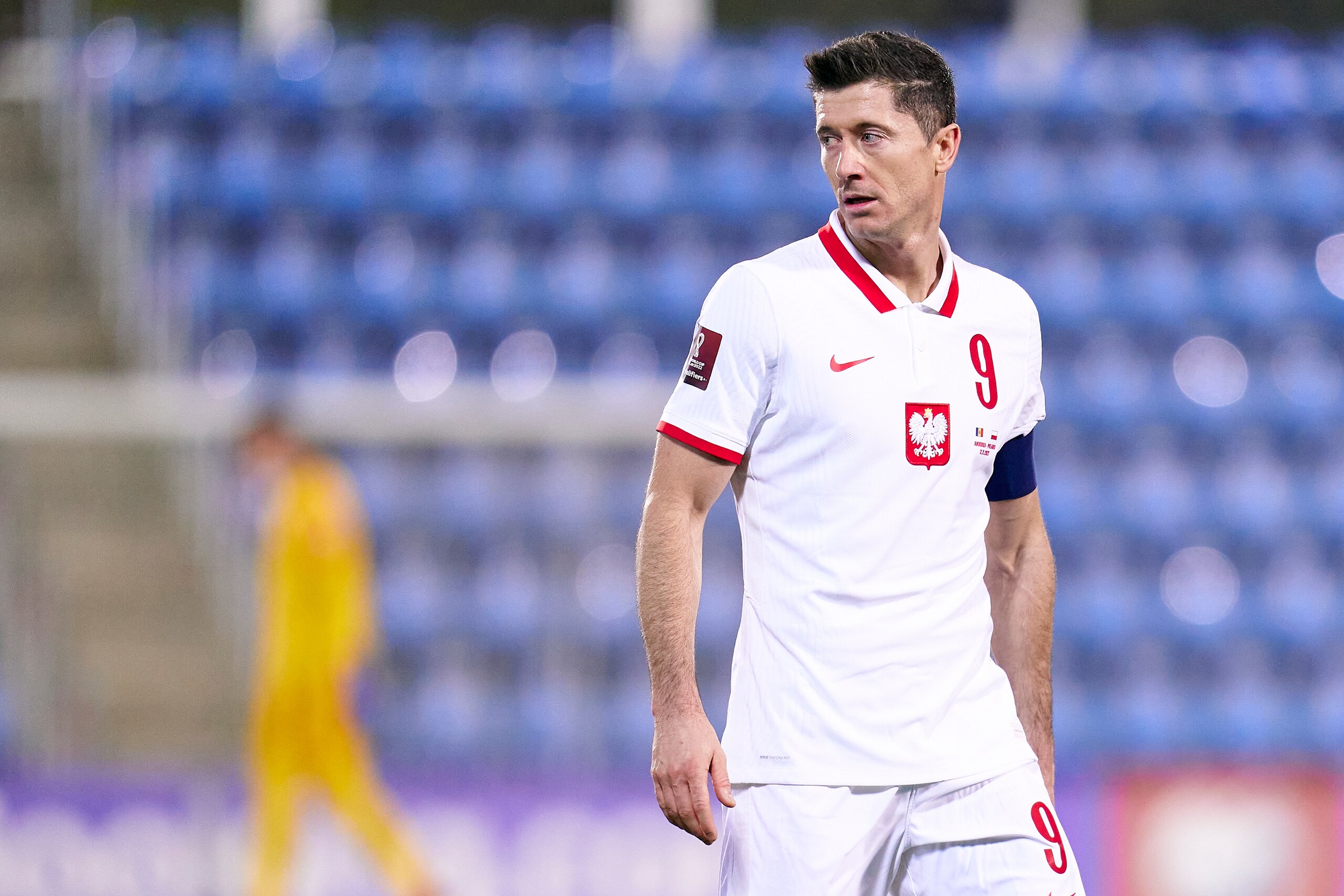 ANDORRA LA VELLA, ANDORRA - NOVEMBER 12: Robert Lewandowski of Poland looks on during the 2022 FIFA World Cup Qualifier match between Andorra and Poland at Estadi Nacional on November 12, 2021 in Andorra la Vella, Andorra. (Photo by Pedro Salado/Quality Sport Images/Getty Images)