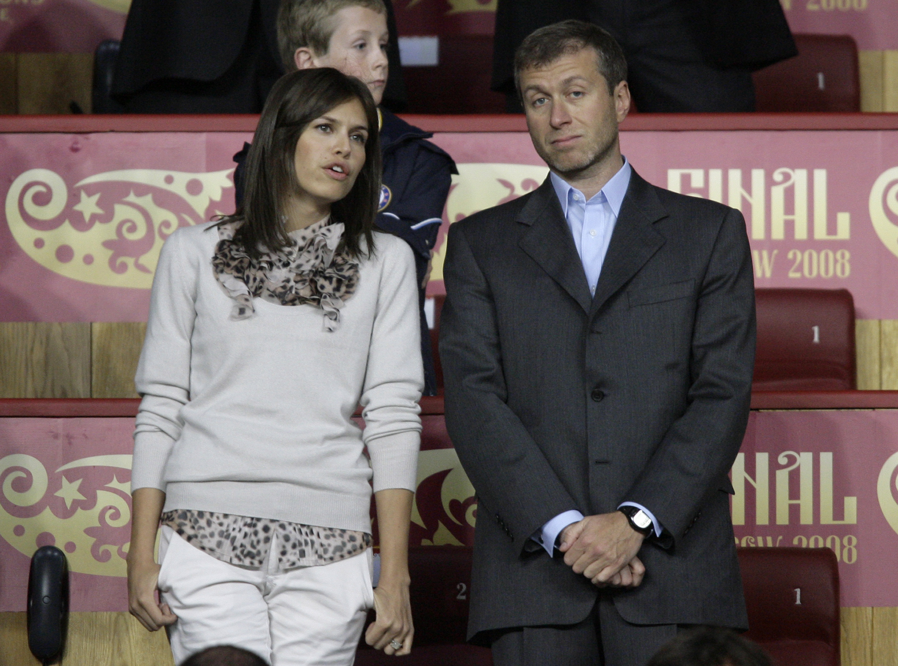 ** FOR ARCHIVE ** Russian billionaire Roman Abramovich and his girlfriend, former model Daria Zhukova attend Manchester United against Chelsea Champions League final soccer match at the Luzhniki Stadium in Moscow, Wednesday May 21, 2008. (AP Photo/Ivan Sekretarev)