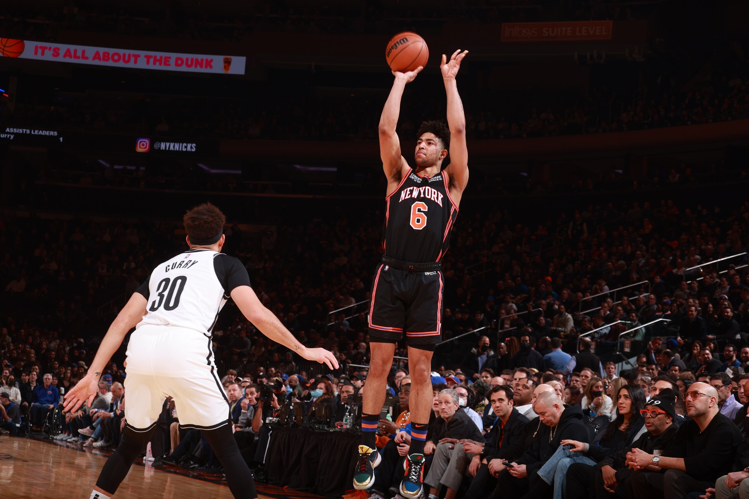 NEW YORK, NY - FEBRUARY 16: Quentin Grimes #6 of the New York Knicks shoots a three point basket during the game against the Brooklyn Nets on February 16, 2022 at Madison Square Garden in New York City, New York.  NOTE TO USER: User expressly acknowledges and agrees that, by downloading and or using this photograph, User is consenting to the terms and conditions of the Getty Images License Agreement. Mandatory Copyright Notice: Copyright 2022 NBAE  (Photo by Nathaniel S. Butler/NBAE via Getty Images)