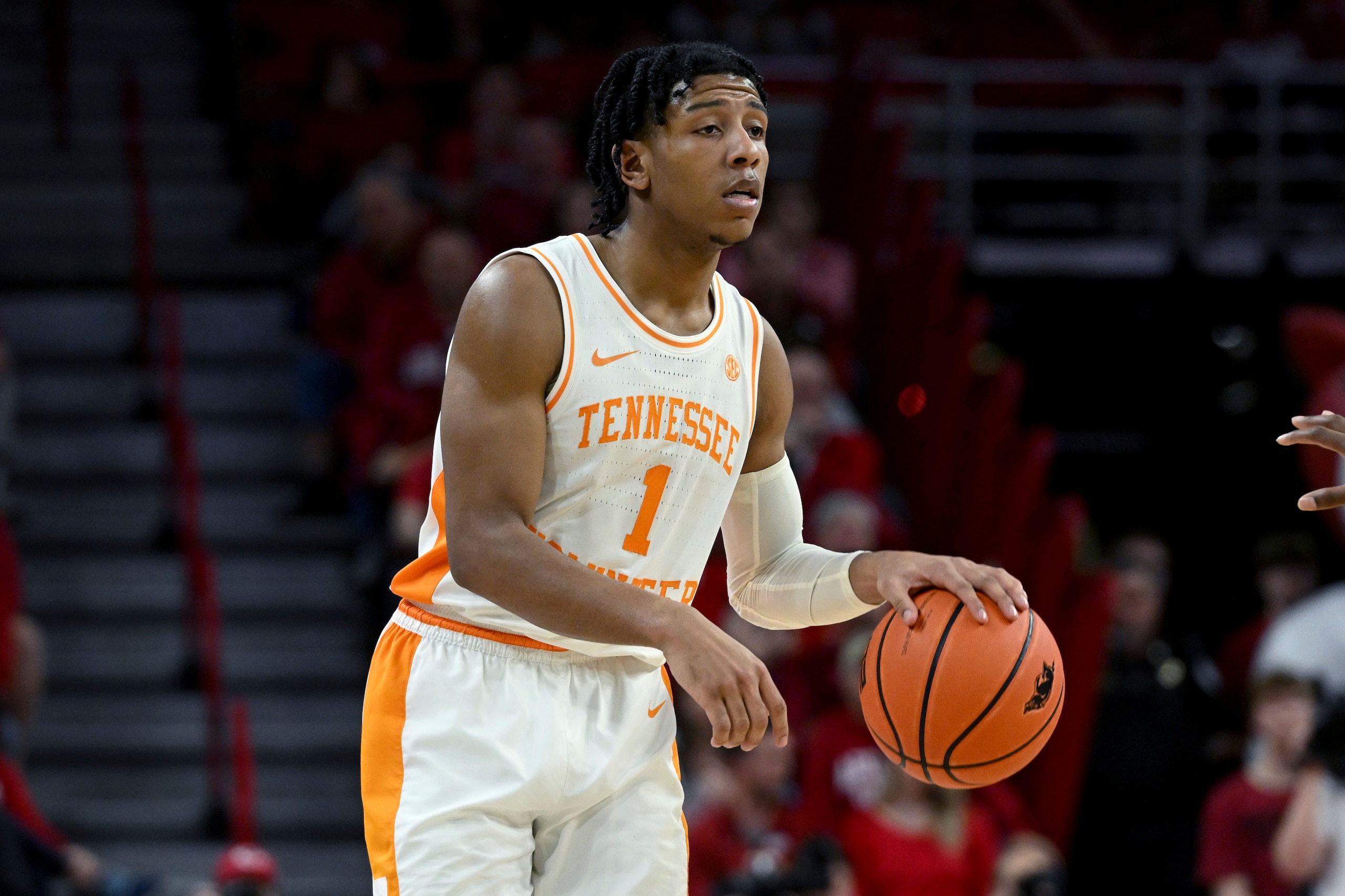 Tennessee guard Kennedy Chandler (1) runs a play against Arkansas during the second half of an NCAA college basketball game Saturday, Feb. 19, 2022, in Fayetteville, Ark. (AP Photo/Michael Woods)