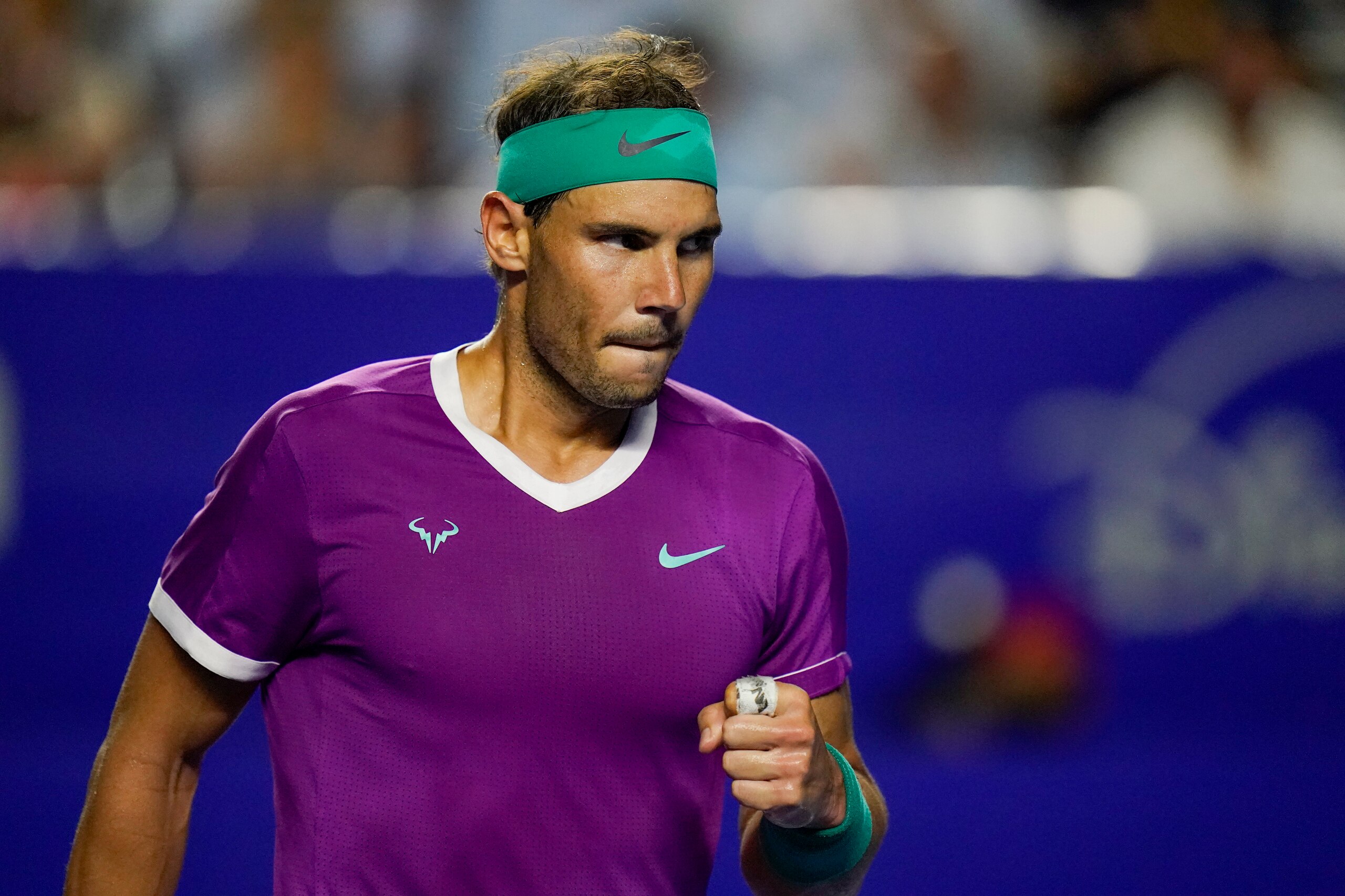 Spain's Rafael Nadal reacts as he plays against Britain's Cameron Norrie in the final match at the Mexican Open tennis tournament in Acapulco, Mexico, Saturday, Feb. 26, 2022. (AP Photo/Eduardo Verdugo)