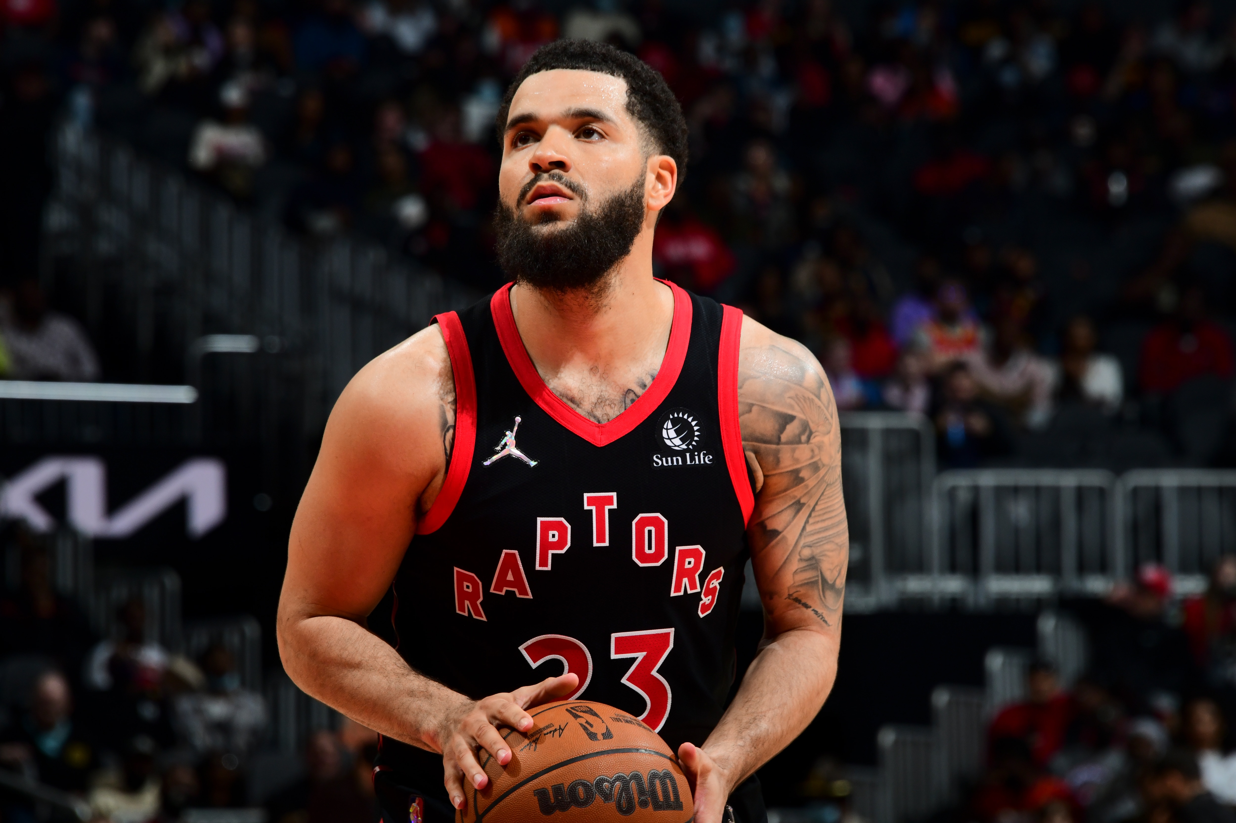 ATLANTA, GA - FEBRUARY 26: Fred VanVleet #23 of the Toronto Raptors shoots a free throw during the game against the Atlanta Hawks on February 26, 2022 at State Farm Arena in Atlanta, Georgia.  NOTE TO USER: User expressly acknowledges and agrees that, by downloading and/or using this Photograph, user is consenting to the terms and conditions of the Getty Images License Agreement. Mandatory Copyright Notice: Copyright 2022 NBAE (Photo by Scott Cunningham/NBAE via Getty Images)