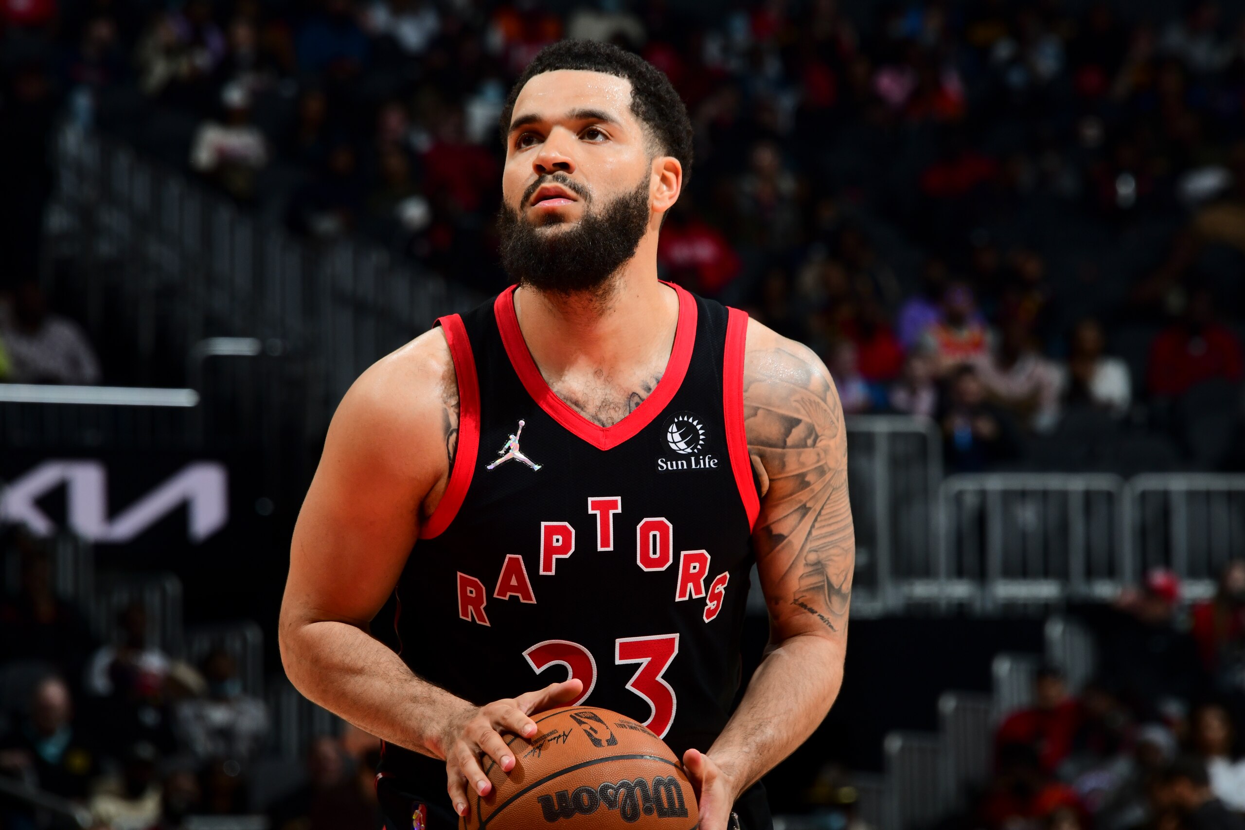 ATLANTA, GA - FEBRUARY 26: Fred VanVleet #23 of the Toronto Raptors shoots a free throw during the game against the Atlanta Hawks on February 26, 2022 at State Farm Arena in Atlanta, Georgia.  NOTE TO USER: User expressly acknowledges and agrees that, by downloading and/or using this Photograph, user is consenting to the terms and conditions of the Getty Images License Agreement. Mandatory Copyright Notice: Copyright 2022 NBAE (Photo by Scott Cunningham/NBAE via Getty Images)