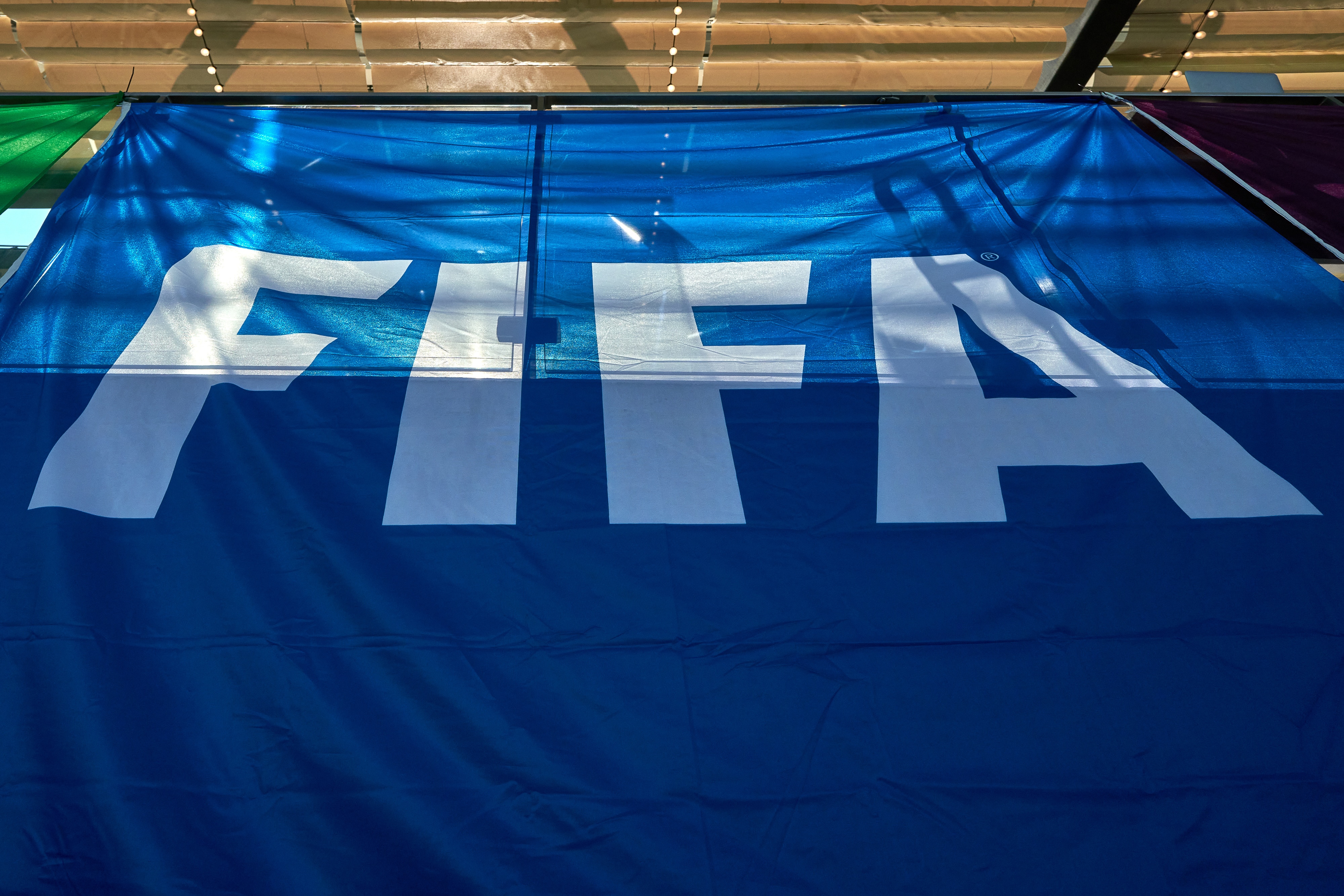 AUSTIN, TX - OCTOBER 07: A detail view of a FIFA logo is seen on a banner during a CONCACAF World Cup qualifying match between the United States and Jamaica on October 07, 2021 at Q2 Stadium in Austin, TX. (Photo by Robin Alam/Icon Sportswire via Getty Images)