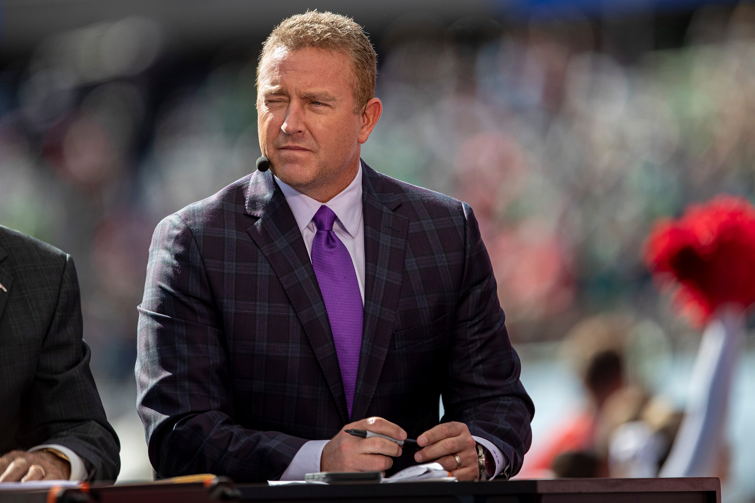 CHICAGO, IL - SEPTEMBER 25: ESPN College Gameday host Kirk Herbstreit listens to the conversation prior to a college football game between the Notre Dame Fighting Irish and the Wisconsin Badgers on September 25th, 2021 at Solider Field in Chicago, IL. (Photo by Dan Sanger/Icon Sportswire via Getty Images) CHICAGO, IL - SEPTEMBER 25: ESPN College Gameday host Kirk Herbstreit listens to the conversation prior to a college football game between the Notre Dame Fighting Irish and the Wisconsin Badgers on September 25th, 2021 at Solider Field in Chicago, IL. (Photo by Dan Sanger/Icon Sportswire via Getty Images)