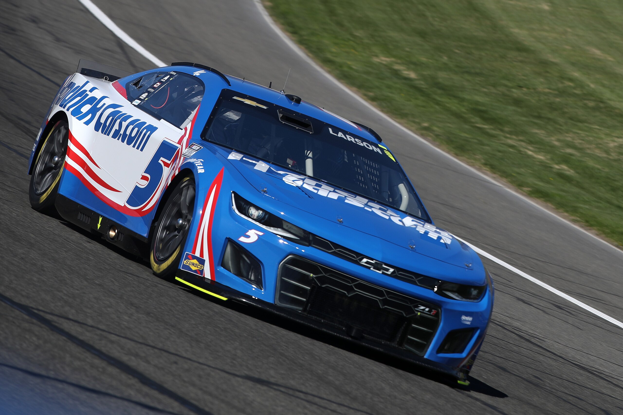 FONTANA, CALIFORNIA - FEBRUARY 26: Kyle Larson, driver of the #5 HendrickCars.com Chevrolet, drives during practice for the NASCAR Cup Series Wise Power 400 at Auto Club Speedway on February 26, 2022 in Fontana, California. (Photo by Meg Oliphant/Getty Images)