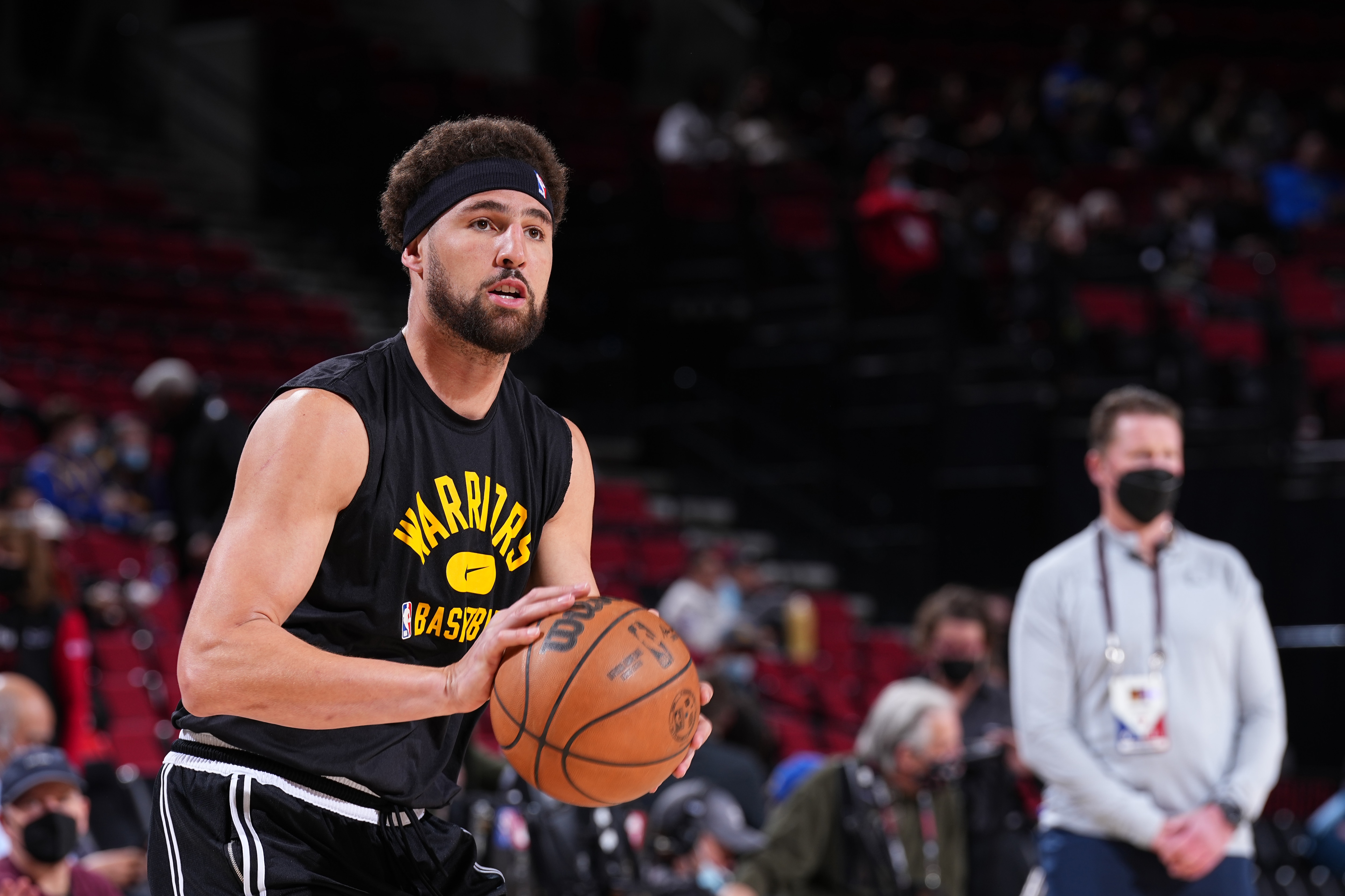PORTLAND, OR - FEBRUARY 24: Klay Thompson #11 of the Golden State Warriors warms up before the game against the Portland Trail Blazers on February 24, 2022 at the Moda Center Arena in Portland, Oregon. NOTE TO USER: User expressly acknowledges and agrees that, by downloading and or using this photograph, user is consenting to the terms and conditions of the Getty Images License Agreement. Mandatory Copyright Notice: Copyright 2022 NBAE (Photo by Garrett Ellwood/NBAE via Getty Images)
