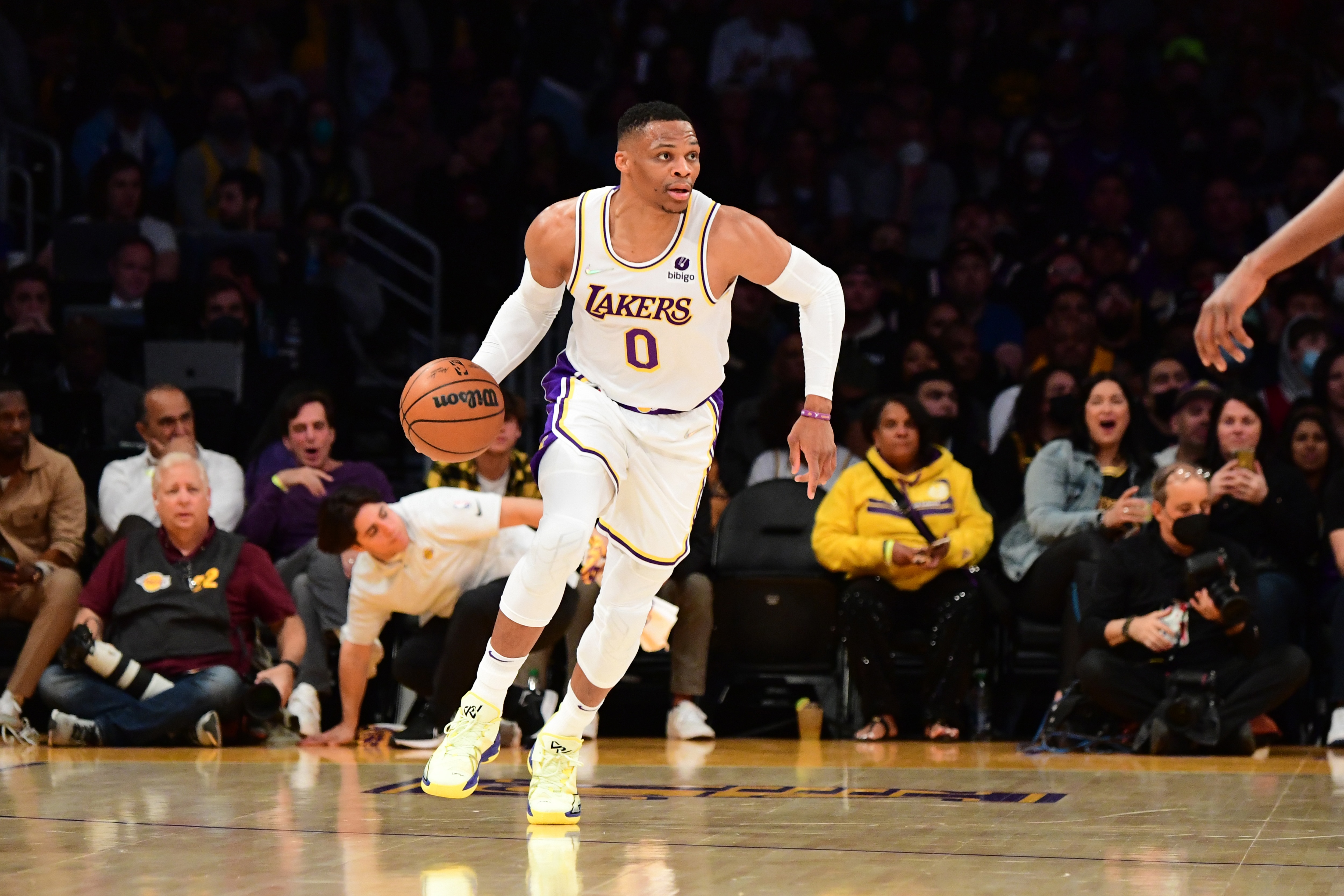LOS ANGELES, CA - FEBRUARY 27: Russell Westbrook #0 of the Los Angeles Lakers dribbles the ball during the game against the New Orleans Pelicans on February 27, 2022 at Crypto.Com Arena in Los Angeles, California. NOTE TO USER: User expressly acknowledges and agrees that, by downloading and/or using this Photograph, user is consenting to the terms and conditions of the Getty Images License Agreement. Mandatory Copyright Notice: Copyright 2022 NBAE (Photo by Adam Pantozzi/NBAE via Getty Images)