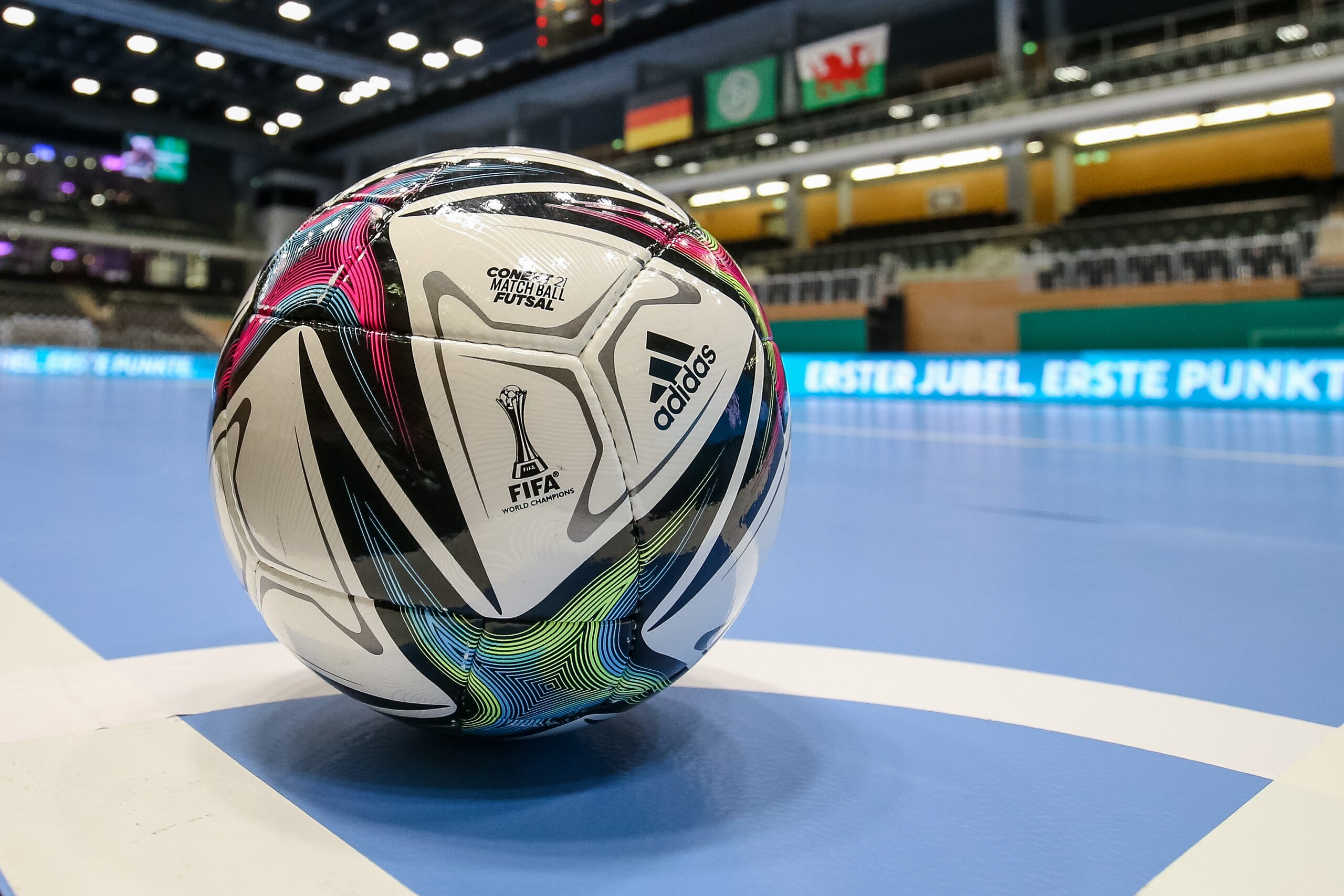 DUSSELDORF, GERMANY - SEPTEMBER 18: A general view of the offical ball with the FIFA logo on it prior to the Futsal game between Germany and Wales at the Castello on September 18, 2021 in Dusseldorf, Germany. (Photo by Neil Baynes/Getty Images)