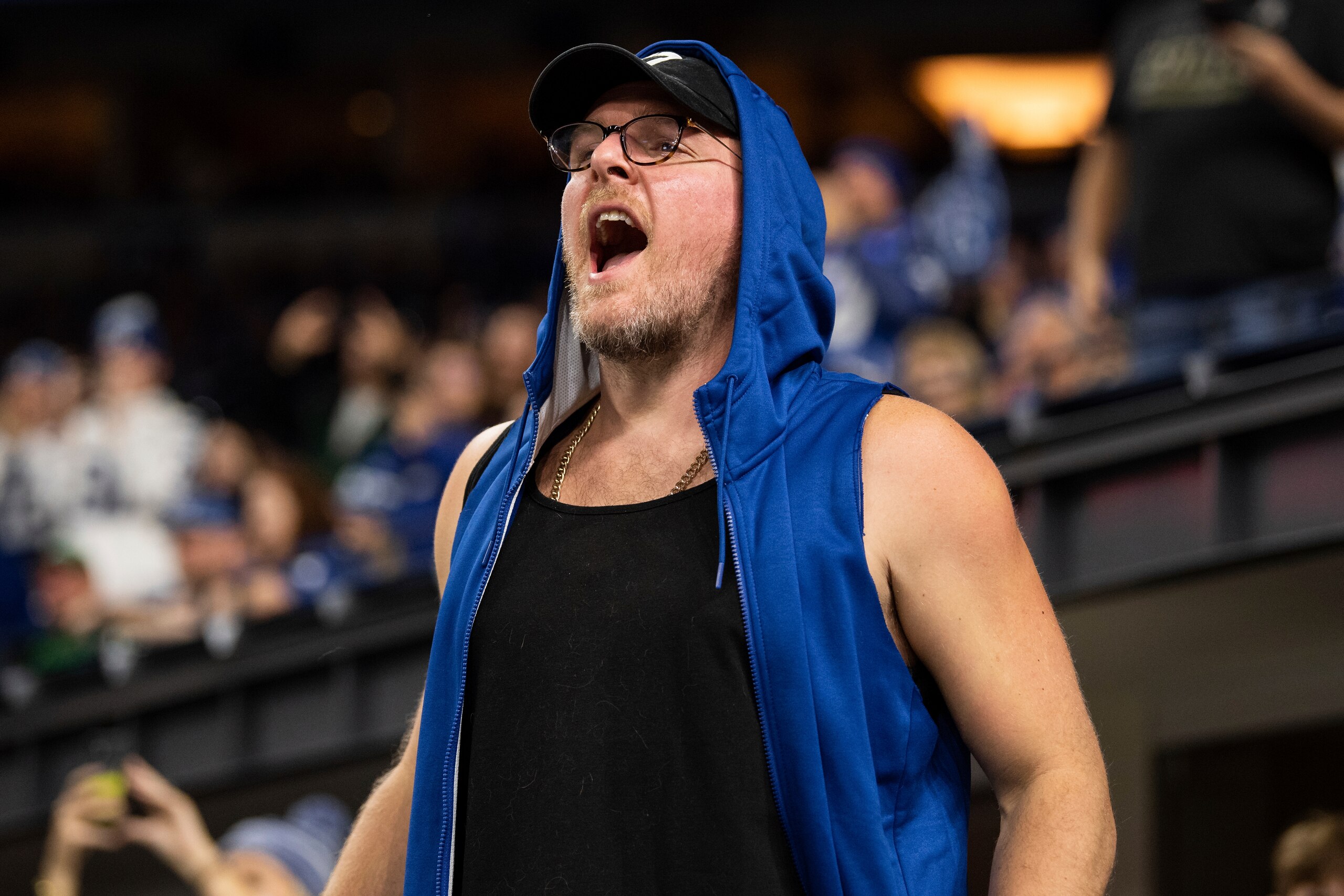 Former Indianapolis Colts punter Pat McAfee yess from the stands during an NFL football game, Thursday, Nov. 4, 2021, in Indianapolis. (AP Photo/Zach Bolinger)