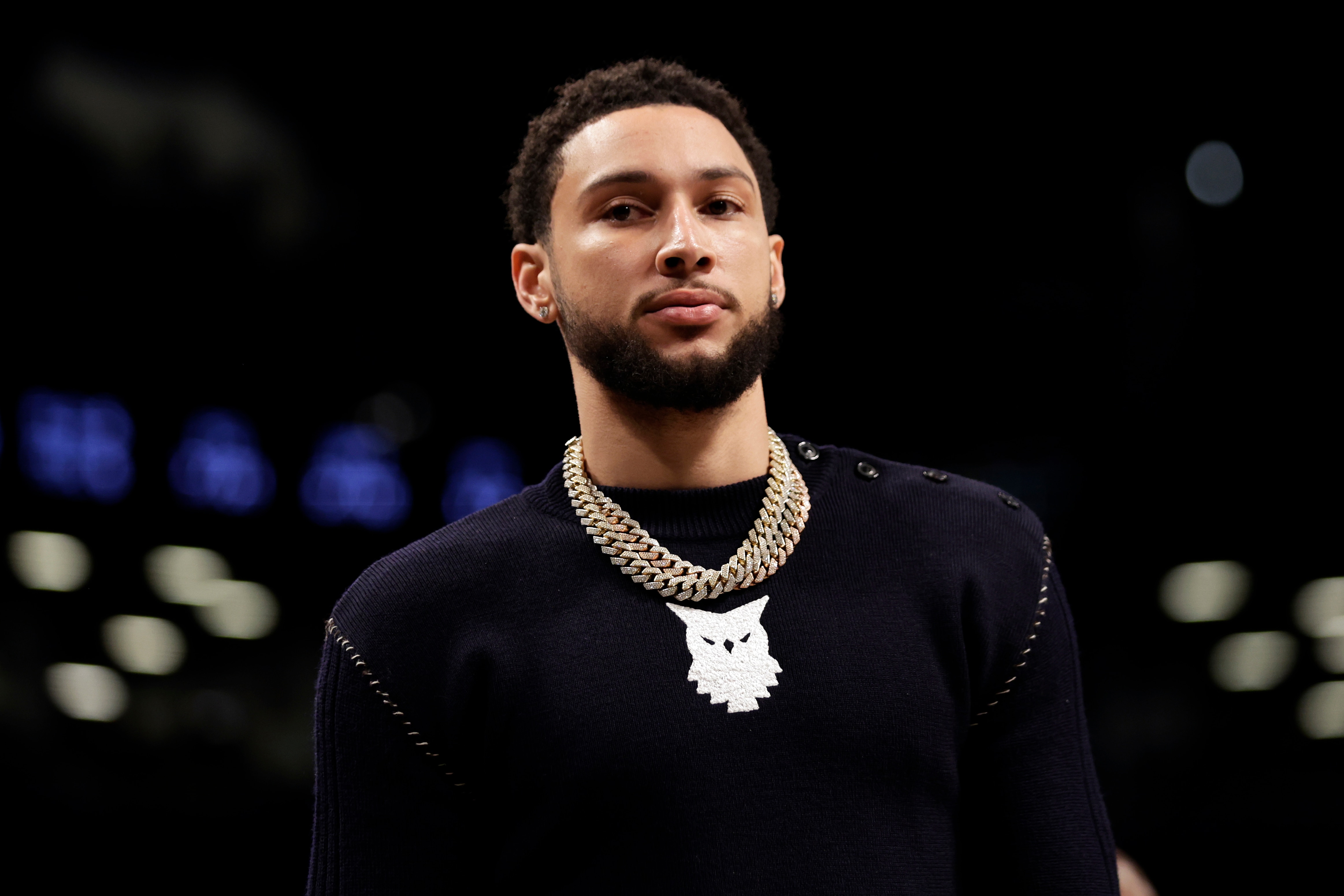 NEW YORK, NEW YORK - FEBRUARY 24: Ben Simmons #10 of the Brooklyn Nets looks on during the first half against the Boston Celtics at Barclays Center on February 24, 2022 in New York City. NOTE TO USER: User expressly acknowledges and agrees that, by downloading and or using this Photograph, user is consenting to the terms and conditions of the Getty Images License Agreement. (Photo by Adam Hunger/Getty Images) NEW YORK, NEW YORK - FEBRUARY 24: Ben Simmons #10 of the Brooklyn Nets looks on during the first half against the Boston Celtics at Barclays Center on February 24, 2022 in New York City. NOTE TO USER: User expressly acknowledges and agrees that, by downloading and or using this Photograph, user is consenting to the terms and conditions of the Getty Images License Agreement. (Photo by Adam Hunger/Getty Images)