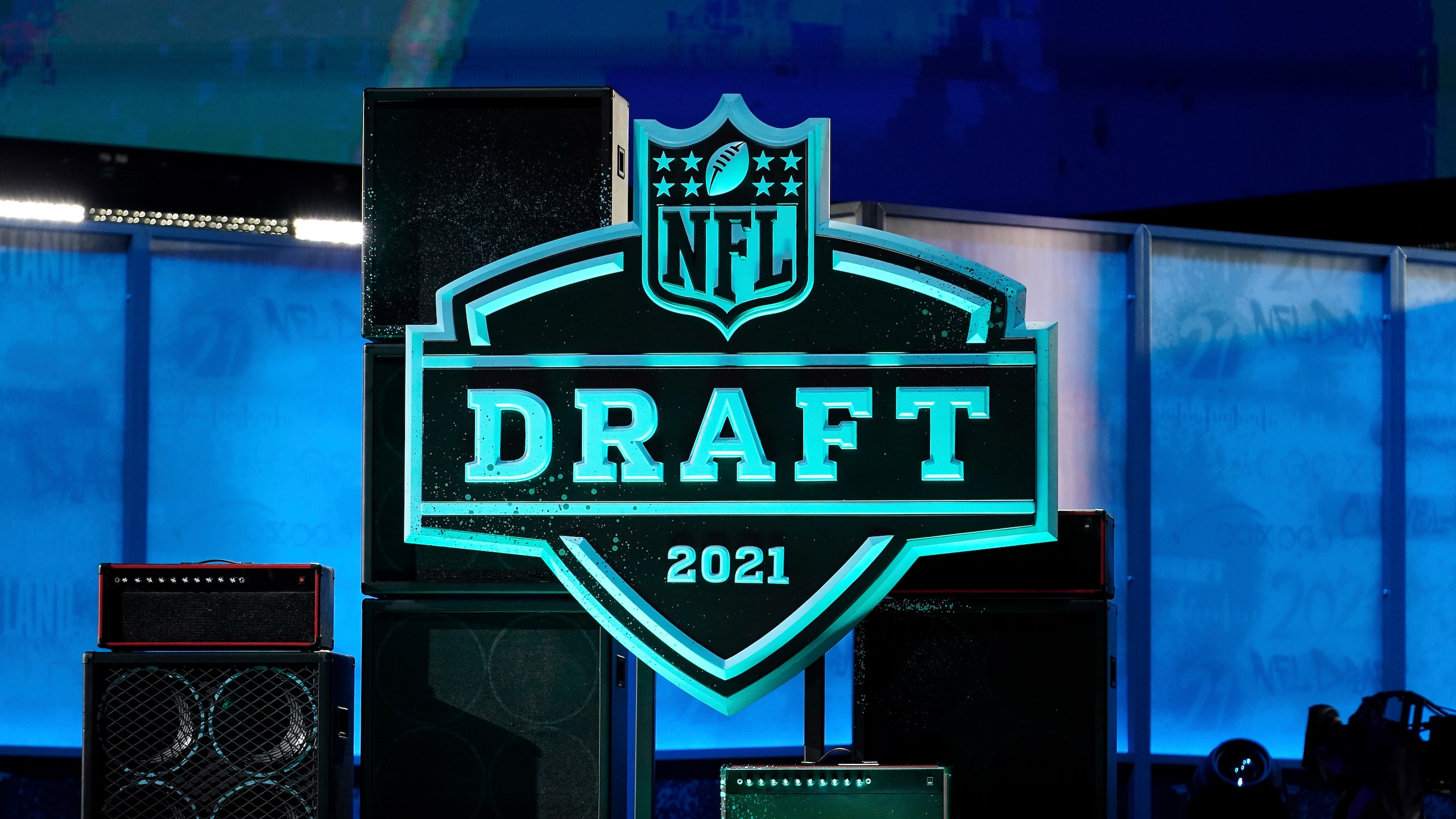 A general view of the 2021 NFL Draft logo during the first round of the NFL football draft, Thursday, April 29, 2021, in Cleveland. (AP Photo/Steve Luciano)