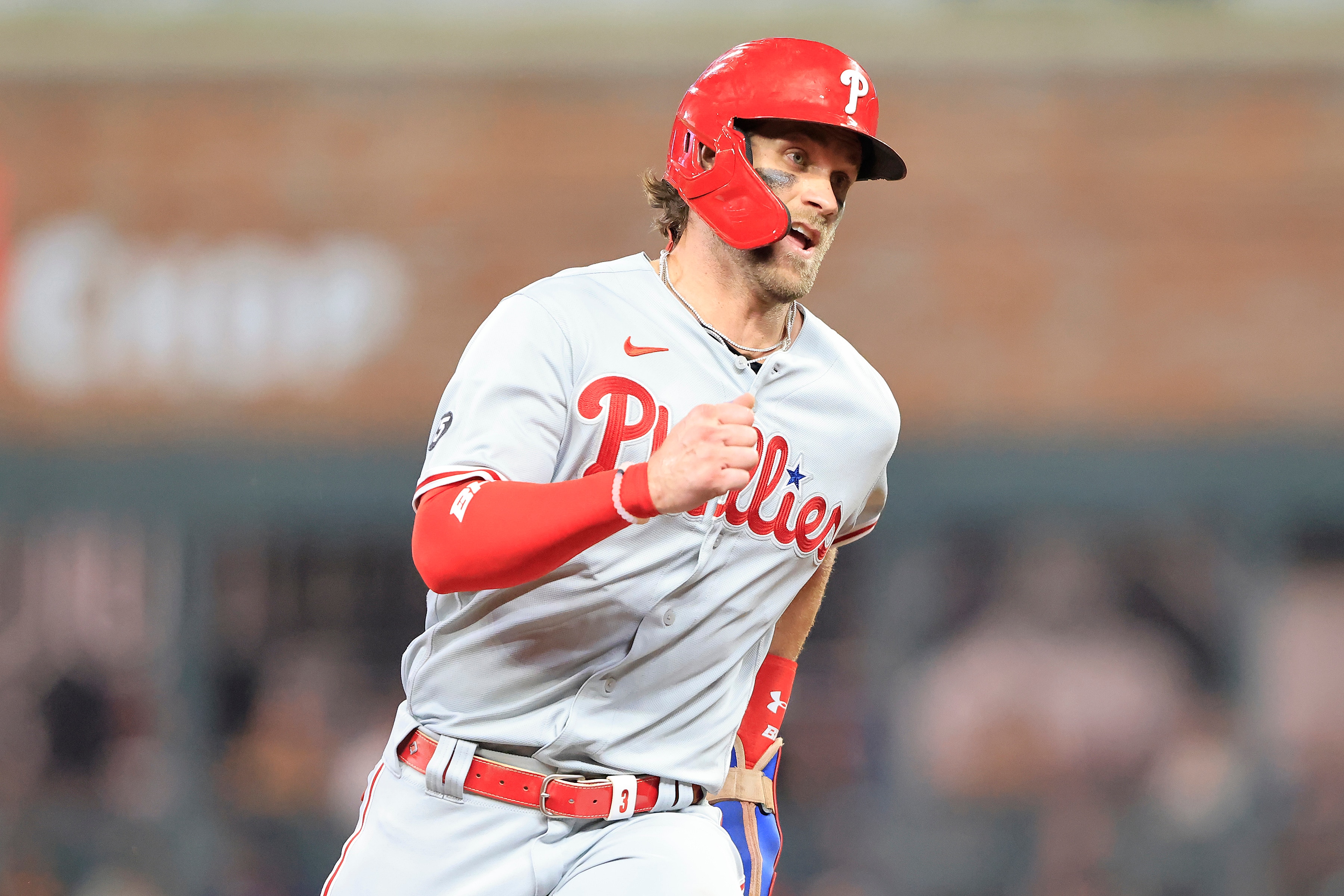 ATLANTA, GA - SEPTEMBER 28: Bryce Harper #3 of the Philadelphia Phillies heads towards third base during the Tuesday evening MLB game between the Philadelphia Phillies and the Atlanta Braves on September 28, 2021 at Truist Park in Atlanta, Georgia.   (Photo by David J. Griffin/Icon Sportswire via Getty Images)