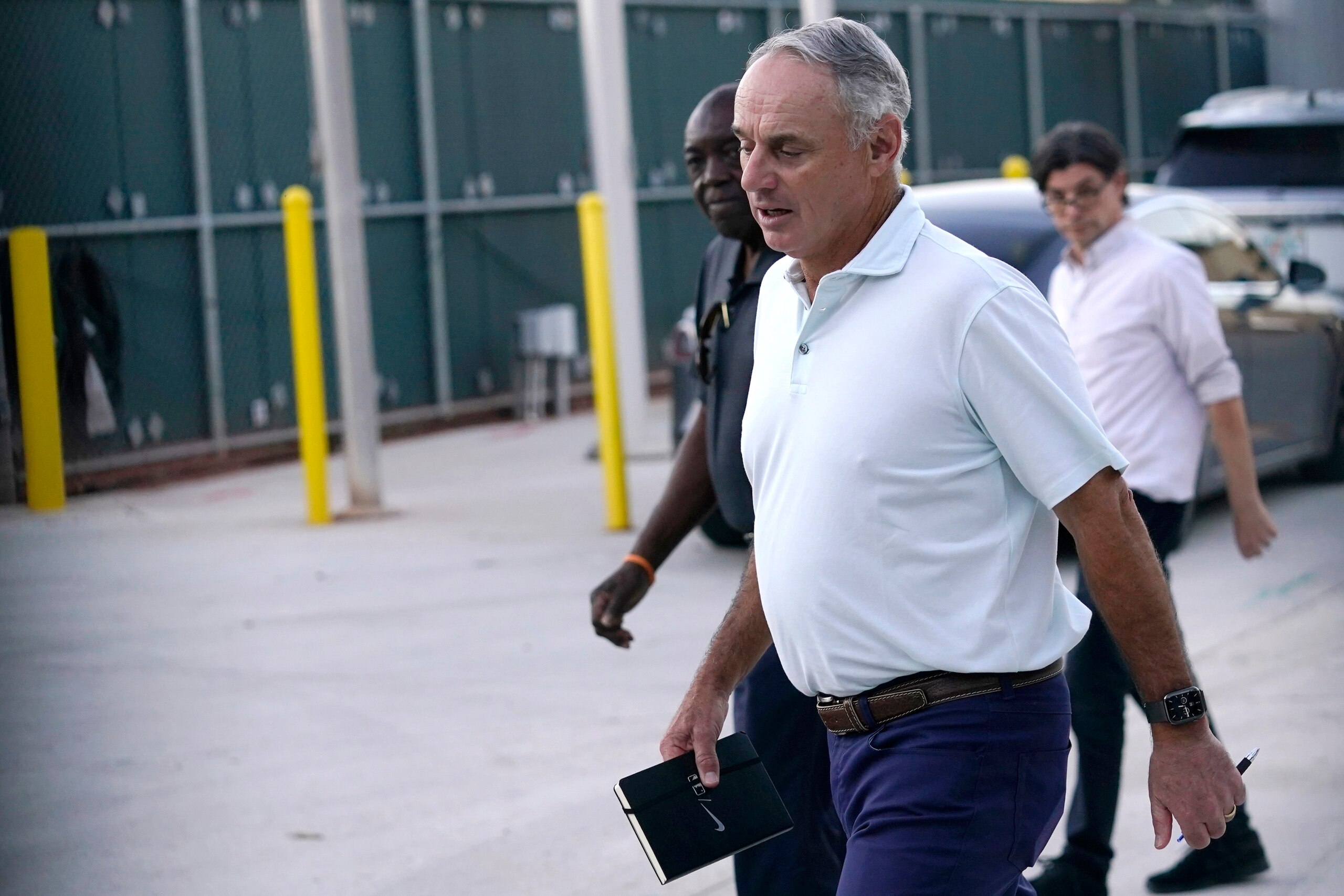 Baseball Commissioner Rob Manfred outside Roger Dean Stadium on Monday, Feb. 28, 2022, in Jupiter, Fla., after a labor negotiating session with baseball players. (AP Photo/Lynne Sladky)
