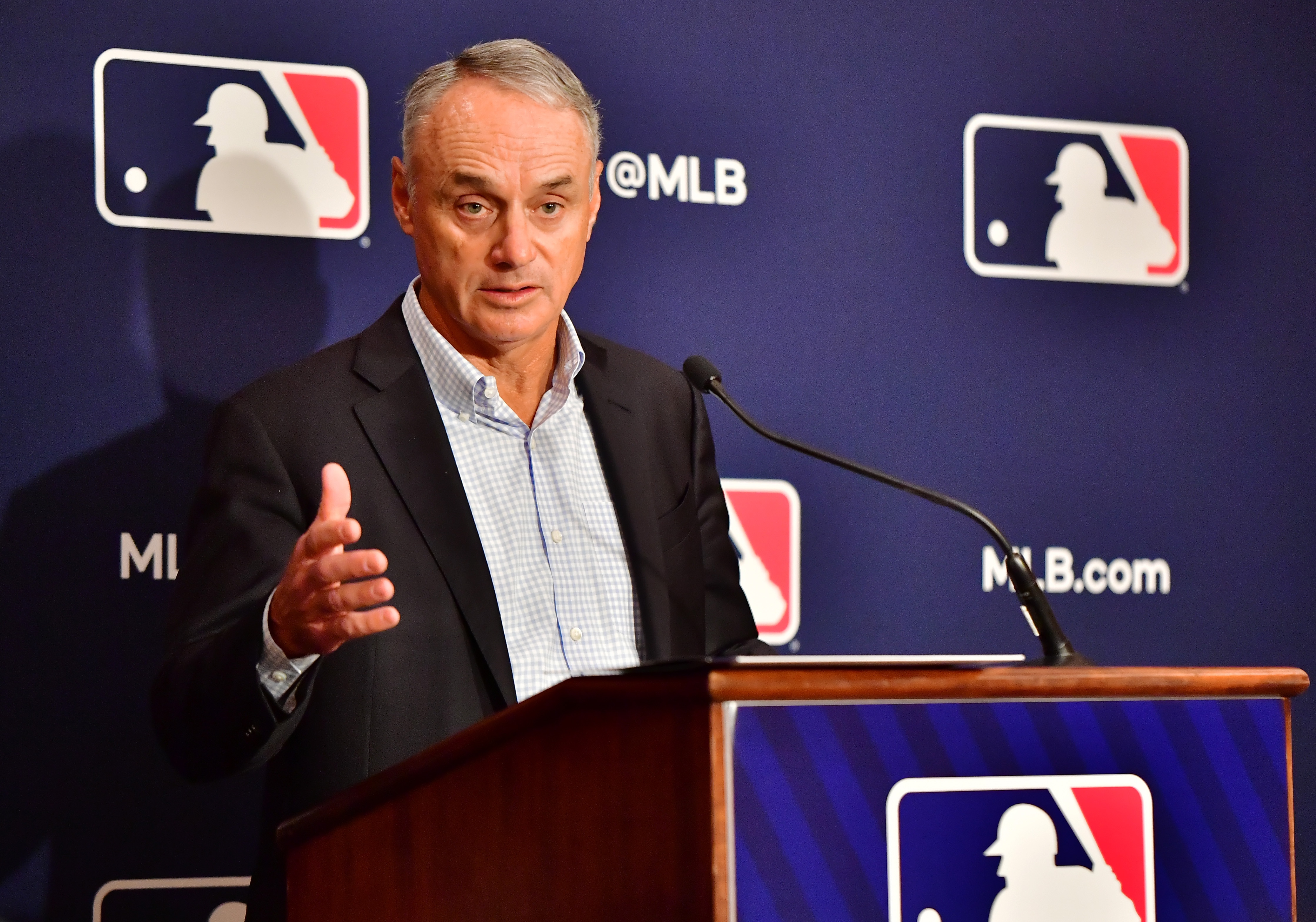 ORLANDO, FLORIDA - FEBRUARY 10: Major League Baseball Commissioner Rob Manfred answers questions during an MLB owner's meeting at the Waldorf Astoria on February 10, 2022 in Orlando, Florida. Manfred addressed the ongoing lockout of players, which owners put in place after the league's collective bargaining agreement ended on December 1, 2021. (Photo by Julio Aguilar/Getty Images)
