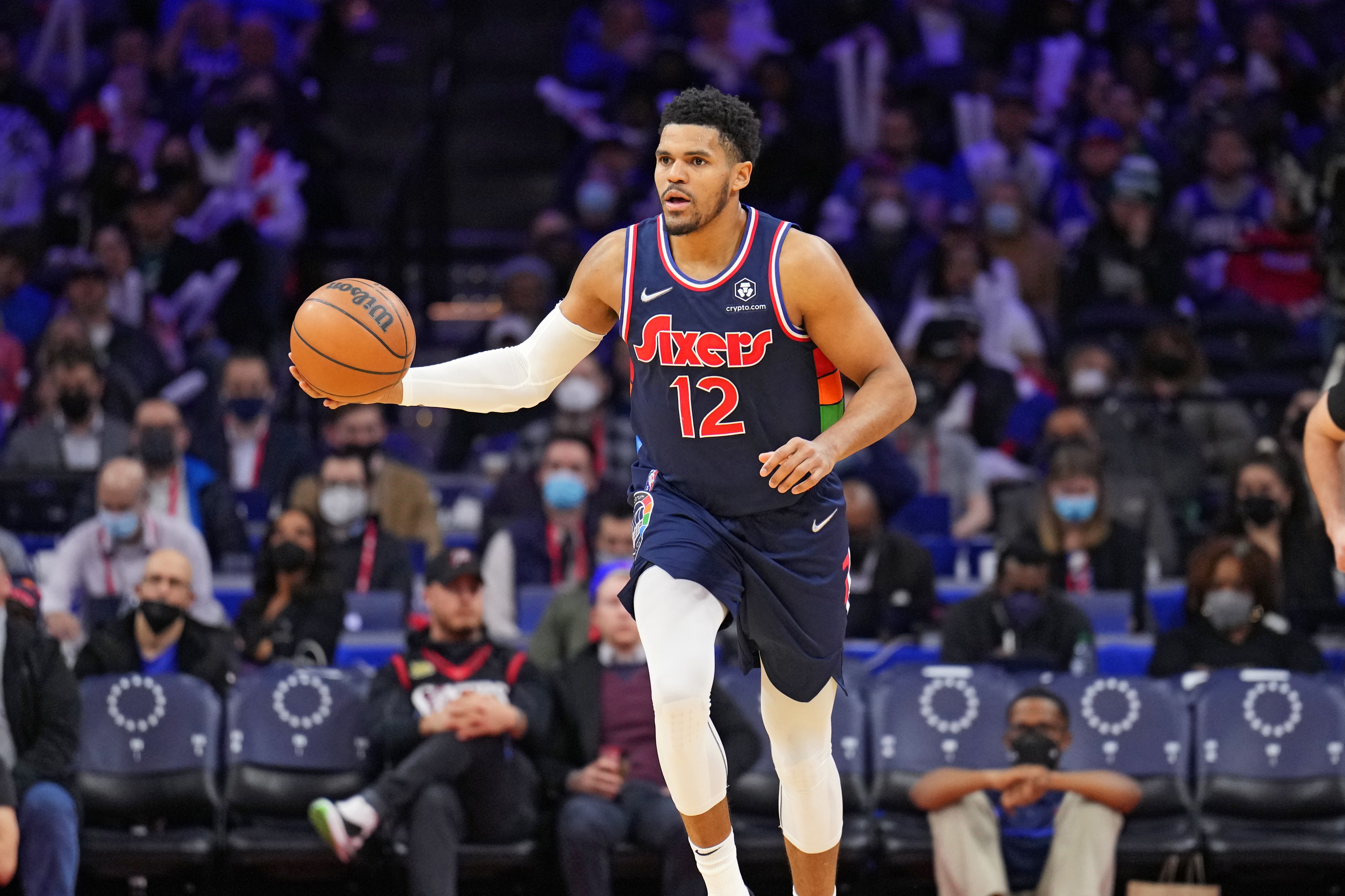 PHILADELPHIA, PA - FEBRUARY 15: Tobias Harris #12 of the Philadelphia 76ers handles the ball against the Boston Celtics on February 15, 2022 at Wells Fargo Center in Philadelphia, Pennsylvania. NOTE TO USER: User expressly acknowledges and agrees that, by downloading and/or using this Photograph, user is consenting to the terms and conditions of the Getty Images License Agreement. Mandatory Copyright Notice: Copyright 2022 NBAE (Photo by Jesse D. Garrabrant/NBAE via Getty Images)